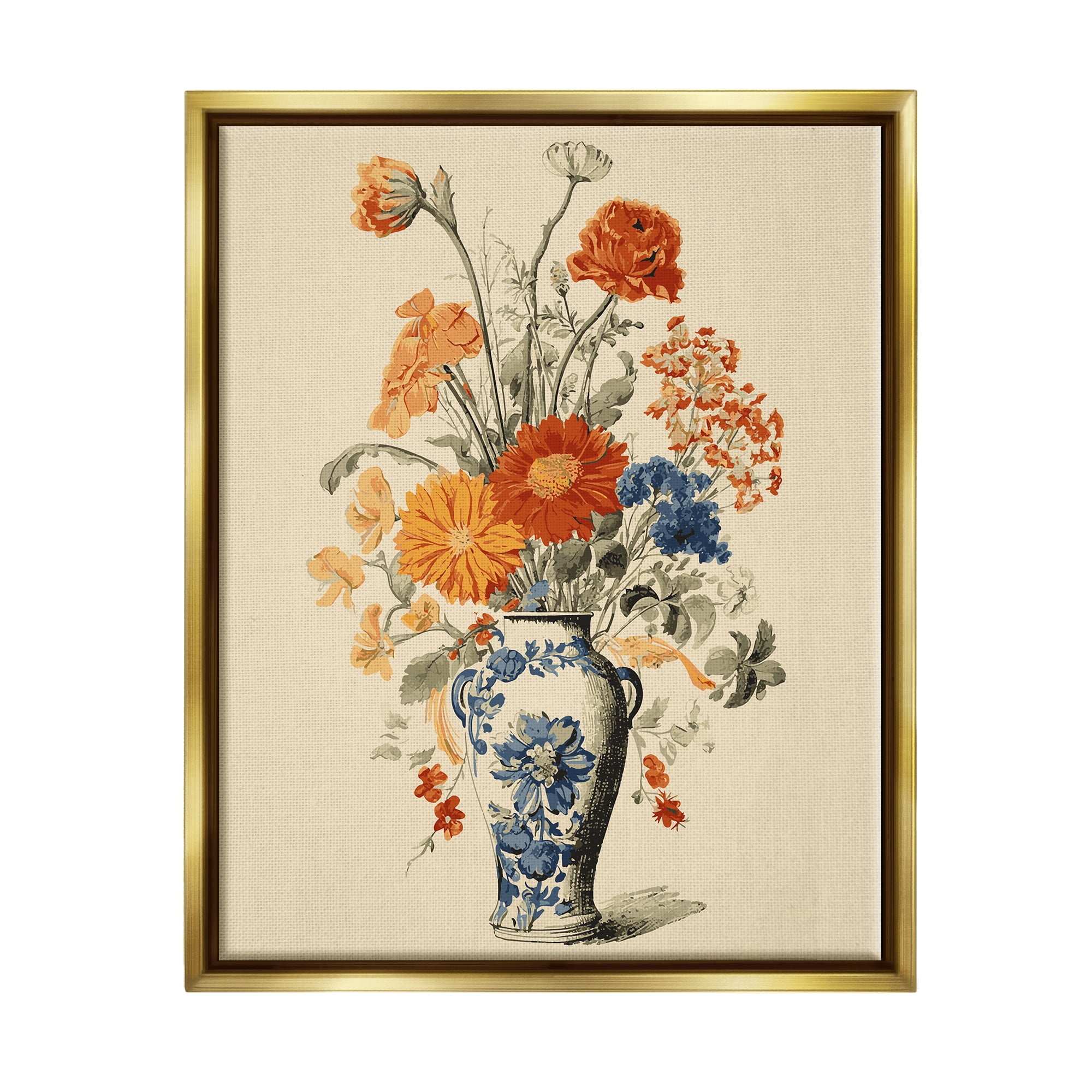 Stupell Industries Ornate Pottery Bouquet Botanical & Floral Painting Gold Floater Framed Canvas Art Print Wall Art, 17 x 21