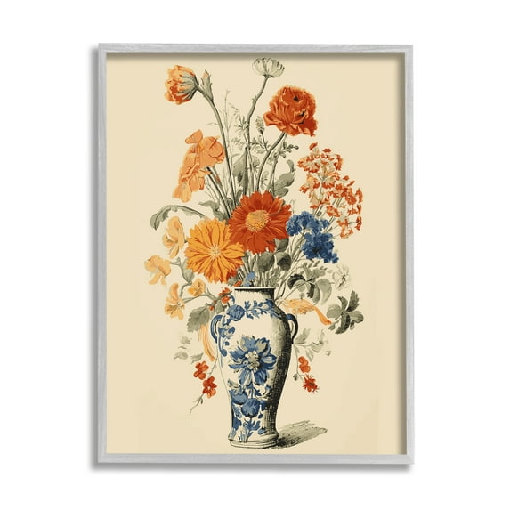 Stupell Industries Ornate Pottery Bouquet Botanical & Floral Painting Gray Framed Art Print Wall Art, 16 x 20