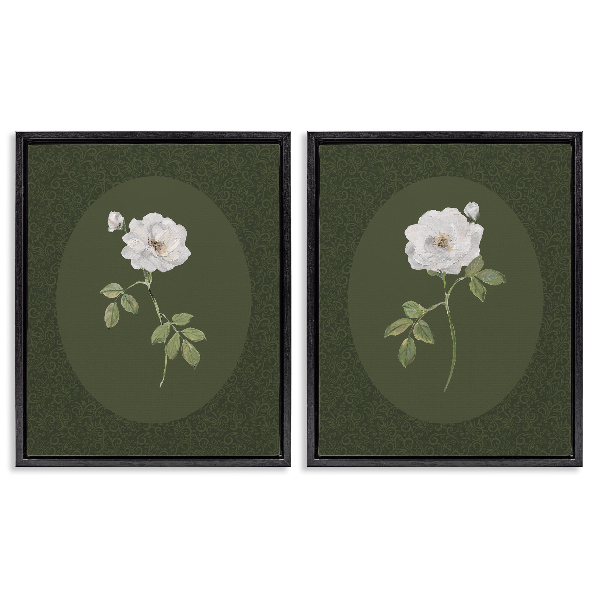Stupell Industries Ornate Rose Studies over Emerald 2 Piece Black Framed Floater Canvas Set, design by Sally Swatland