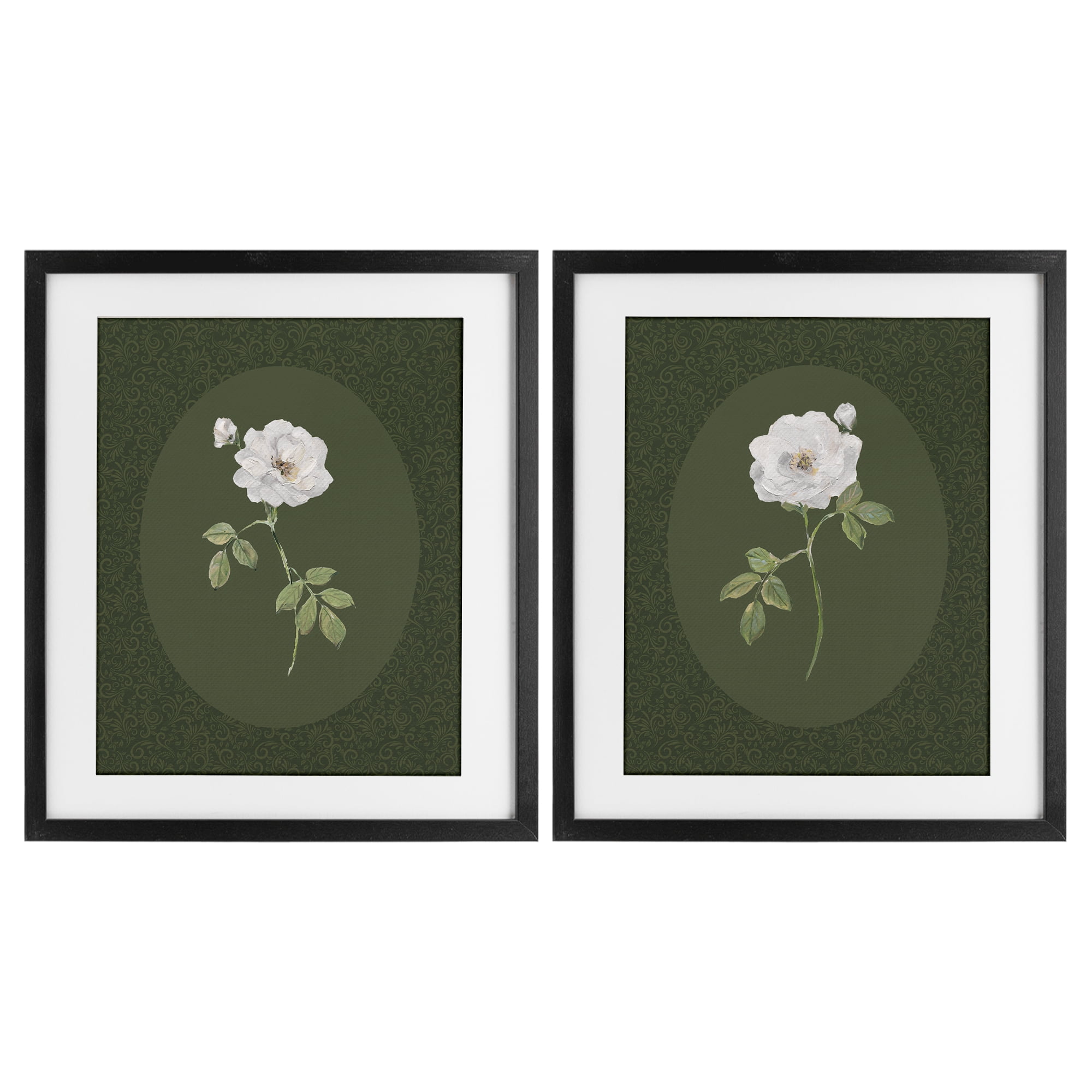 Stupell Industries Ornate Rose Studies over Emerald 2 Piece Black Framed Print Under Glass Set, design by Sally Swatland