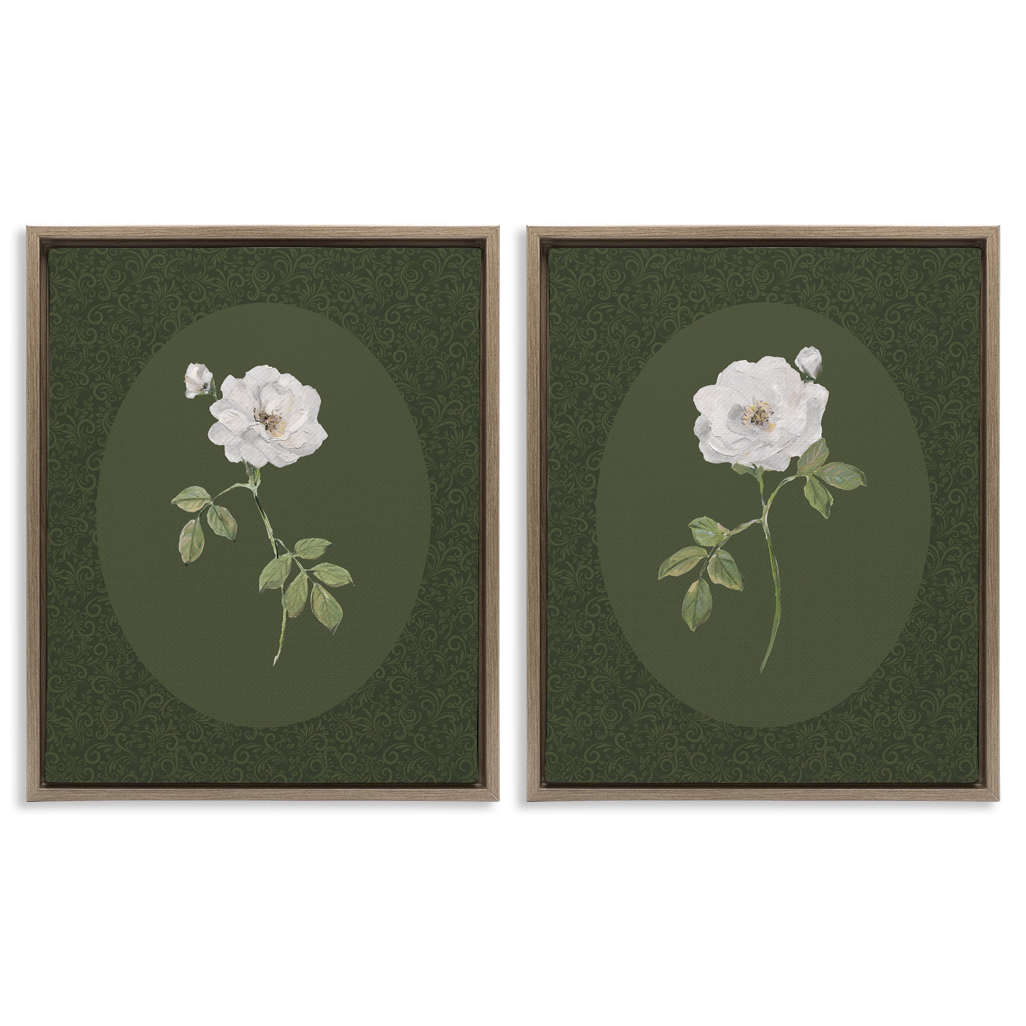 Stupell Industries Ornate Rose Studies over Emerald 2 Piece Brown Framed Floater Canvas Set, design by Sally Swatland