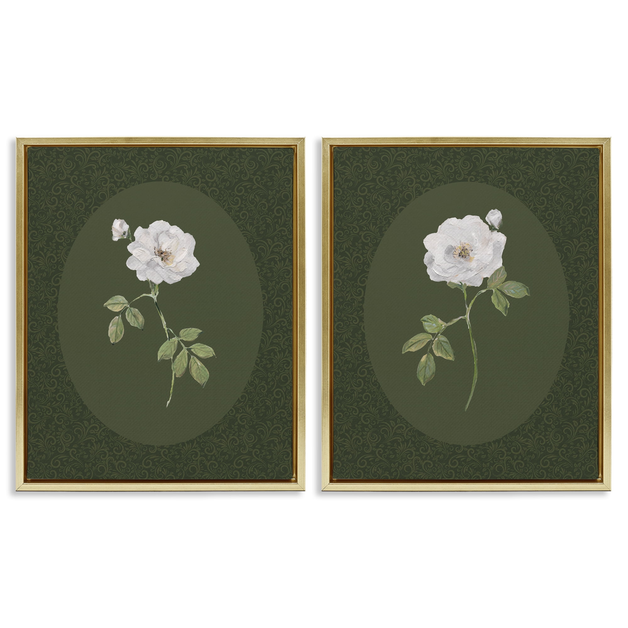 Stupell Industries Ornate Rose Studies over Emerald 2 Piece Gold Framed Floater Canvas Set, design by Sally Swatland