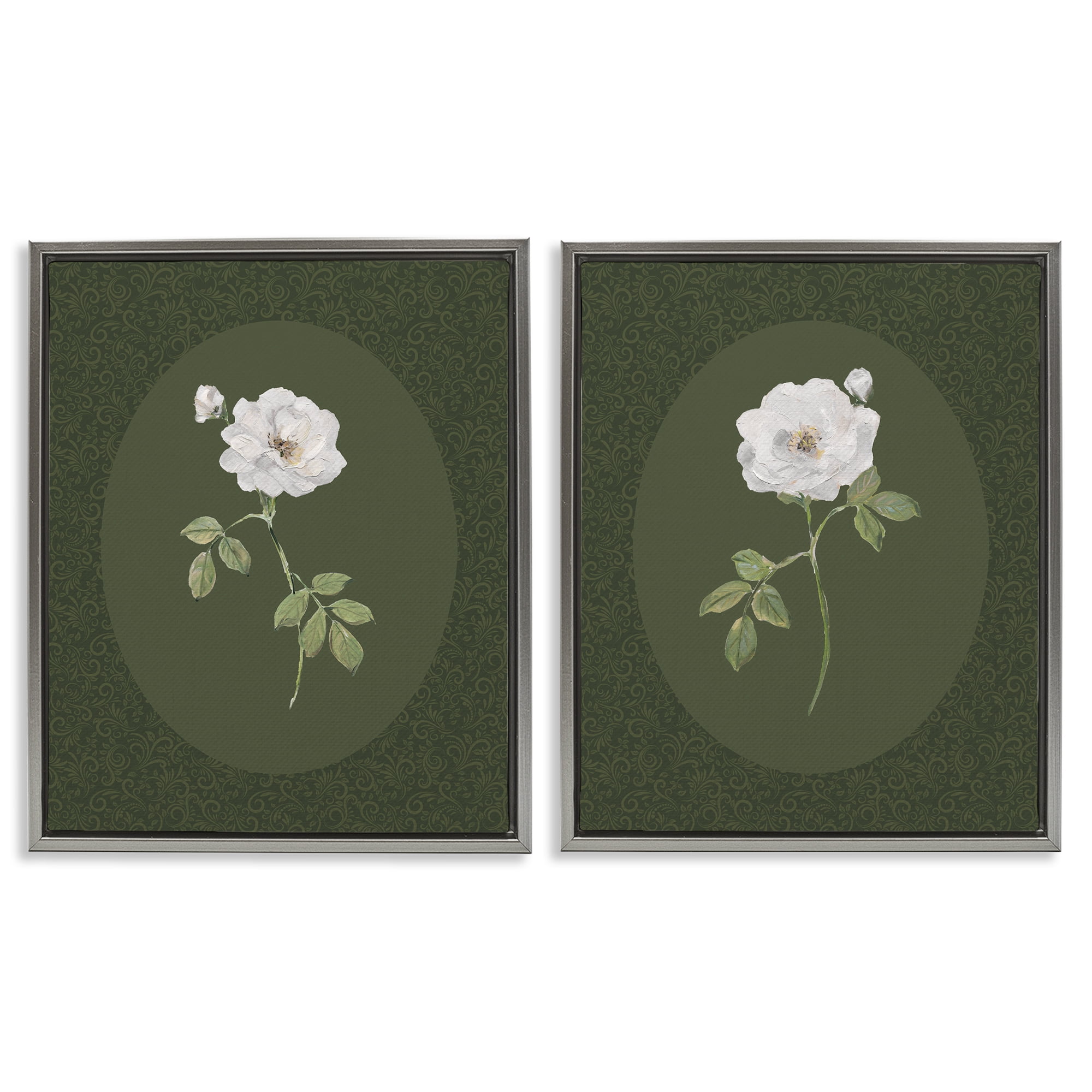 Stupell Industries Ornate Rose Studies over Emerald 2 Piece Gray Framed Floater Canvas Set, design by Sally Swatland