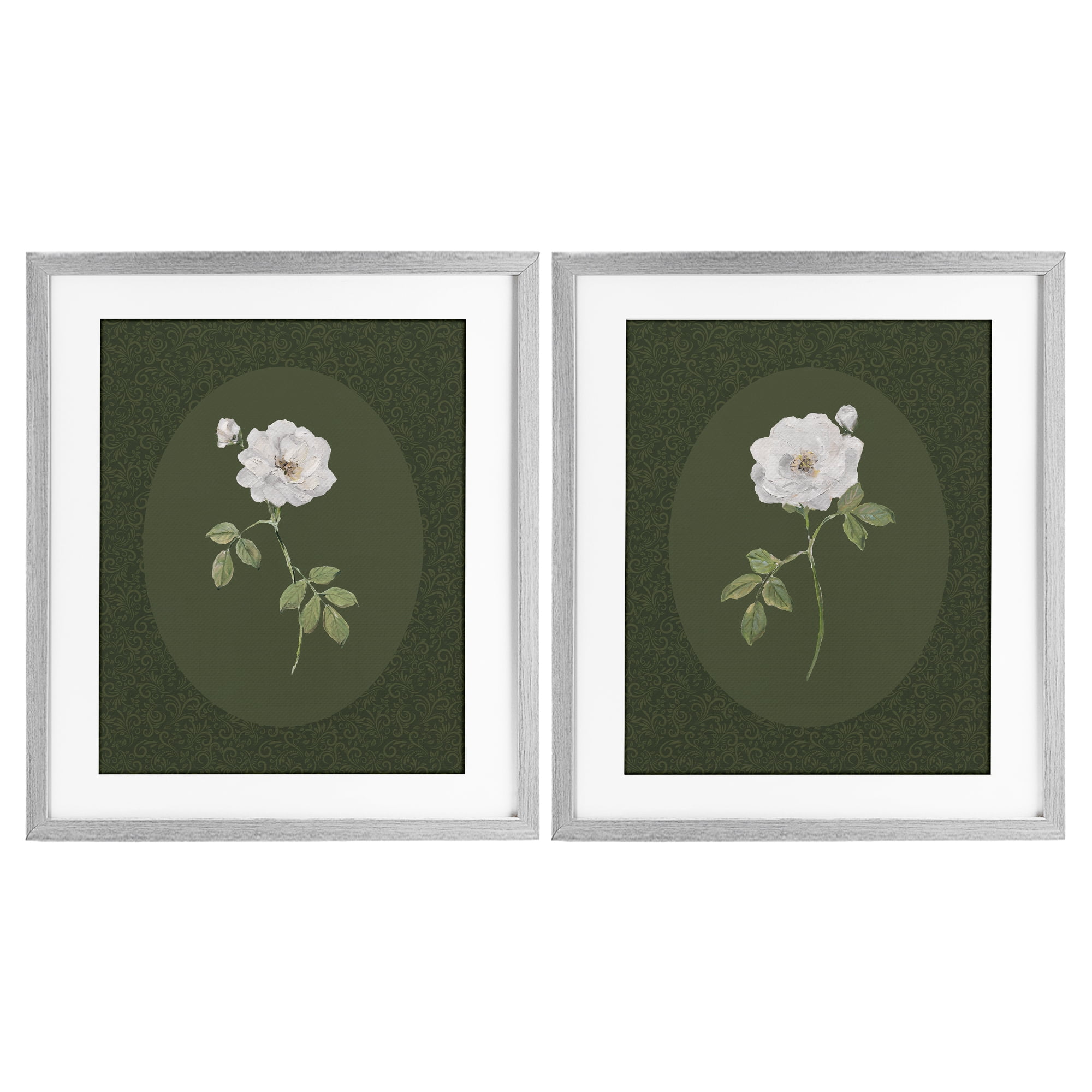 Stupell Industries Ornate Rose Studies over Emerald 2 Piece Gray Framed Print Under Glass Set, design by Sally Swatland