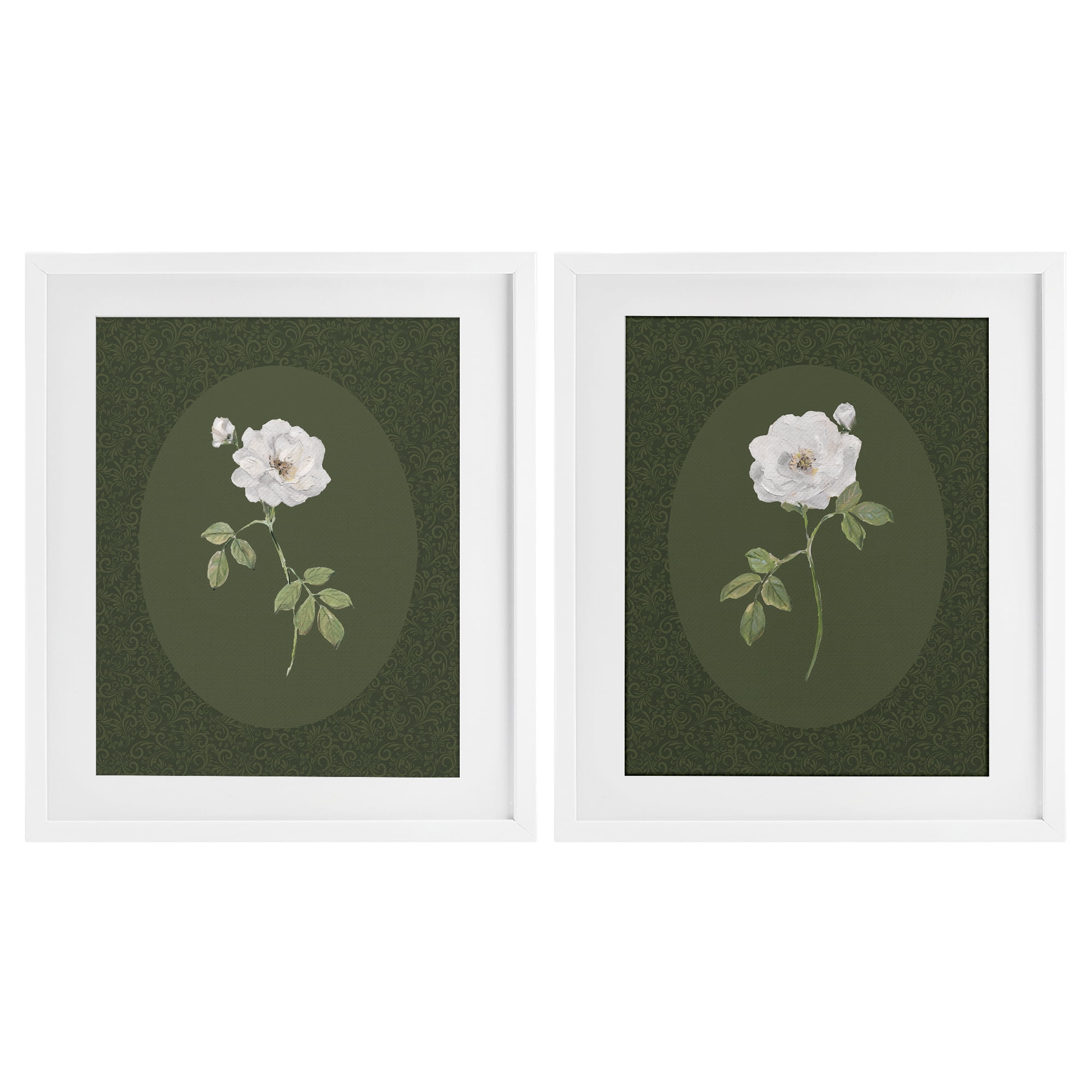 Stupell Industries Ornate Rose Studies over Emerald 2 Piece White Framed Print Under Glass Set, design by Sally Swatland