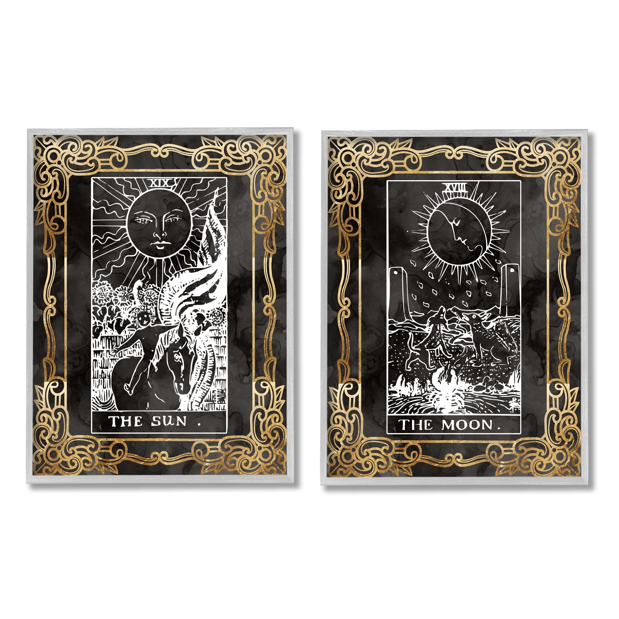 Stupell Industries Ornate Tarot Sun & Moon Animals & Insects Painting Gray Framed Art Print Wall Art, 11 x 14