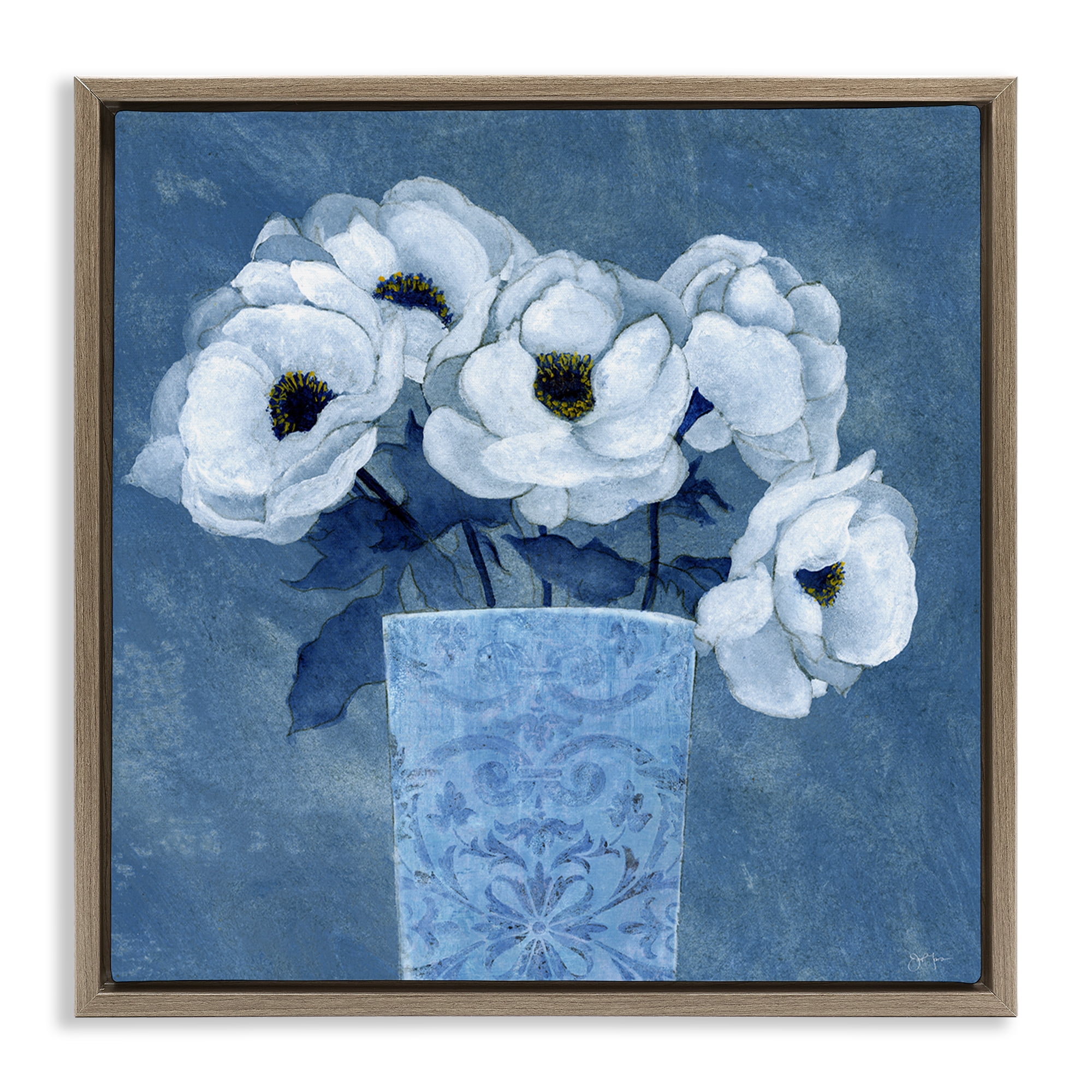 Stupell Industries Ornate Vase Flowers Plants & Flowers Painting Brown Floater Framed Canvas Art Print Wall Art, 18 x 18