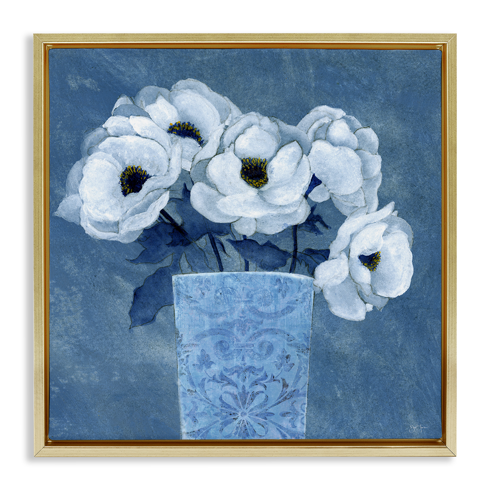 Stupell Industries Ornate Vase Flowers Plants & Flowers Painting Gold Floater Framed Canvas Art Print Wall Art, 18 x 18