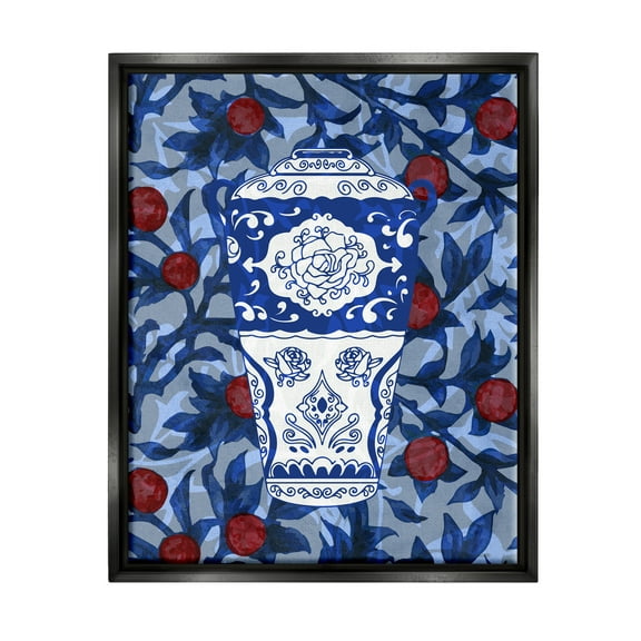 Stupell Industries Ornate Vase Red & Blue Pattern Botanical & Floral Painting Black Floater Framed Art Print Wall Art