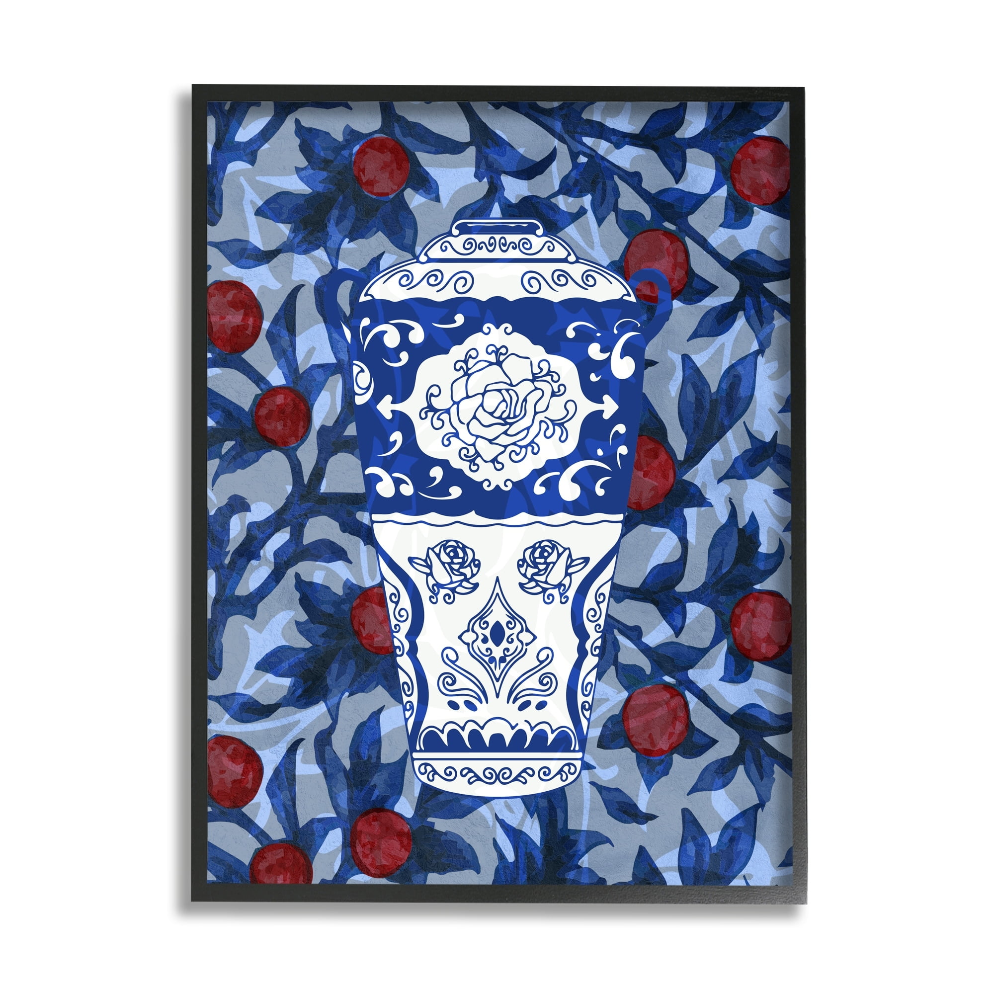 Red and Blue Botanical Vase Print on Canvas with Black Frame