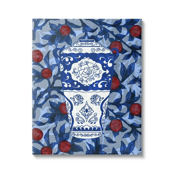 Stupell Industries Ornate Vase Red & Blue Pattern Botanical & Floral Painting Gallery Wrapped Canvas Print Wall Art
