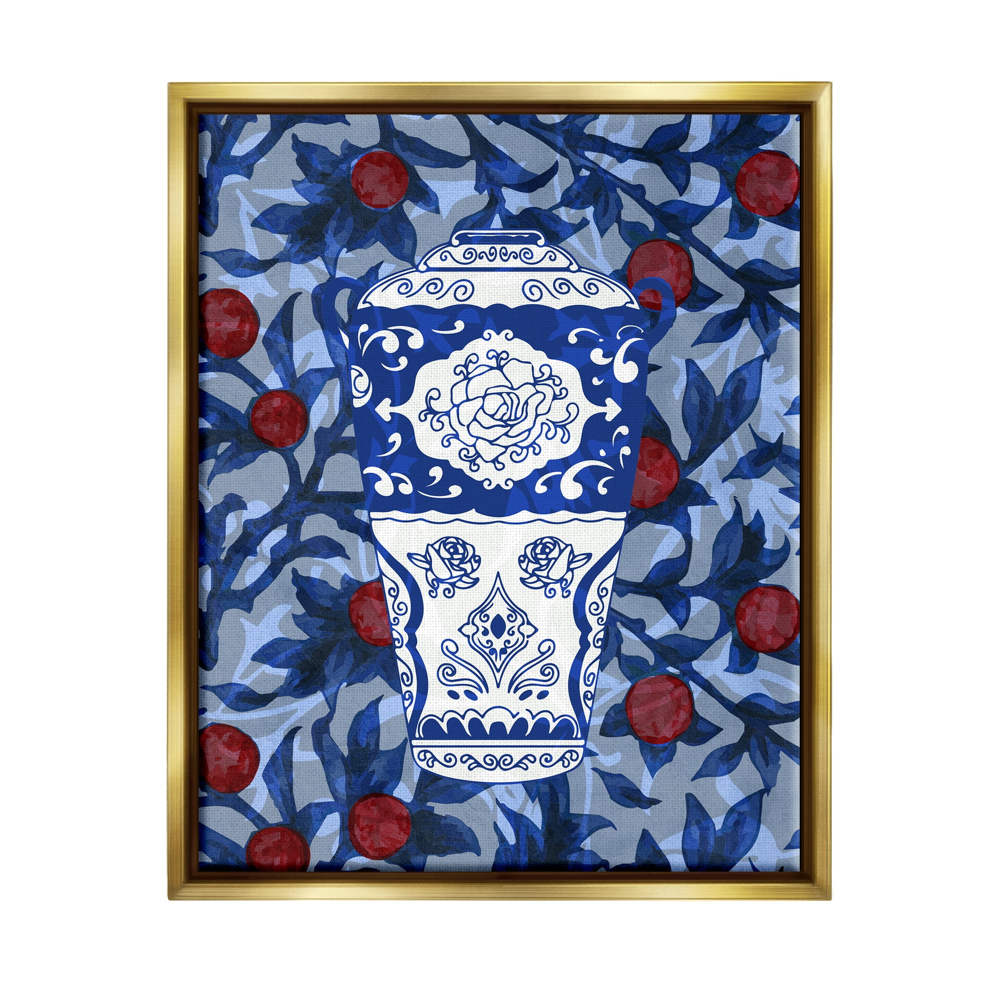 Stupell Industries Ornate Vase Red & Blue Pattern Botanical & Floral Painting Gold Floater Framed Art Print Wall Art