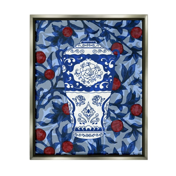 Stupell Industries Ornate Vase Red & Blue Pattern Botanical & Floral Painting Gray Floater Framed Art Print Wall Art