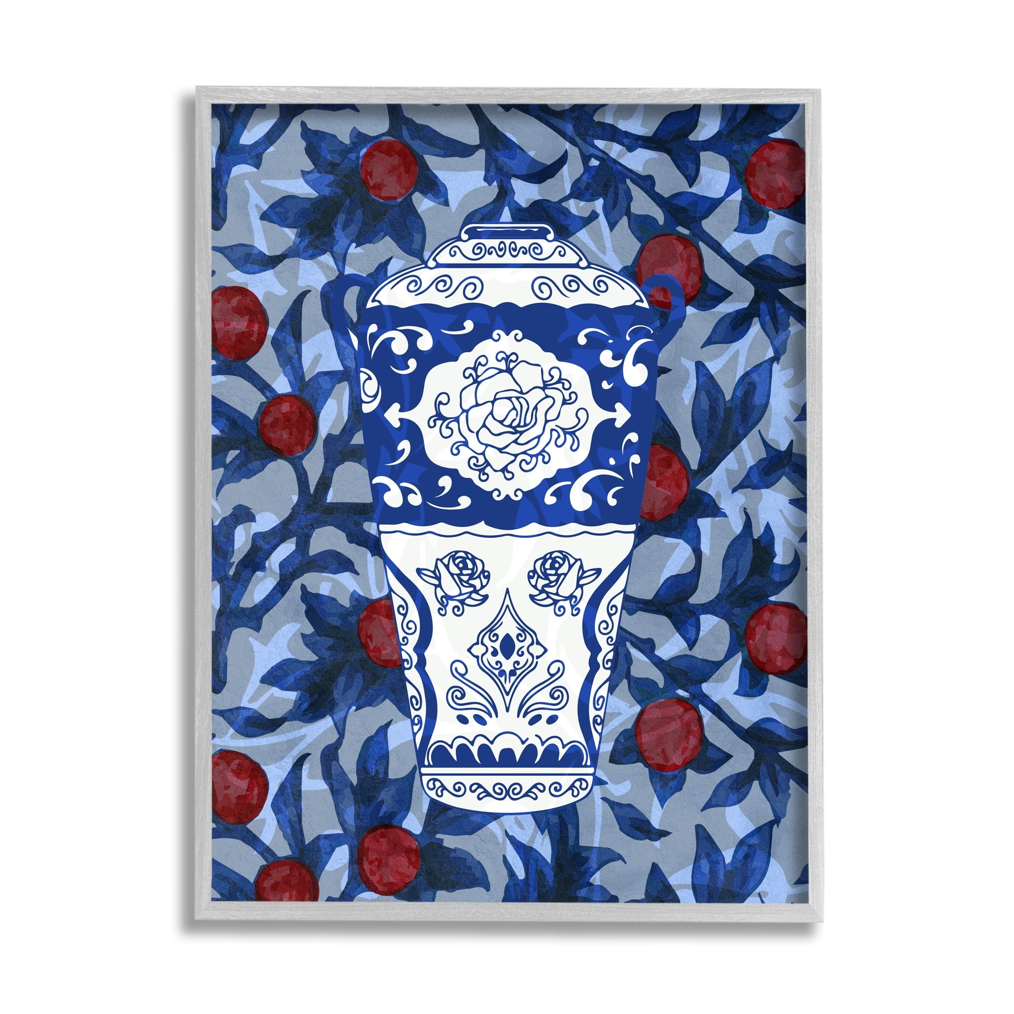 Blue and Red Botanical Vase Print on Canvas with Gray Frame