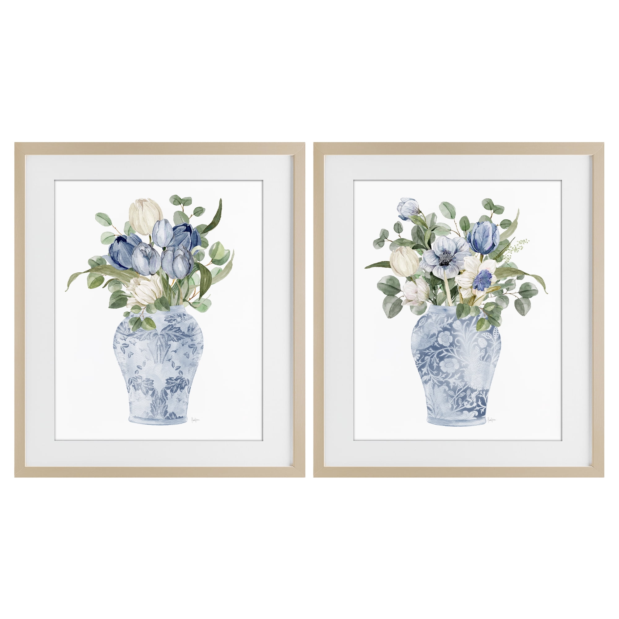 Stupell Industries Ornate Vase Tulip Collection 2 Piece Birch Framed Print Under Glass Set, design by Livi Finn
