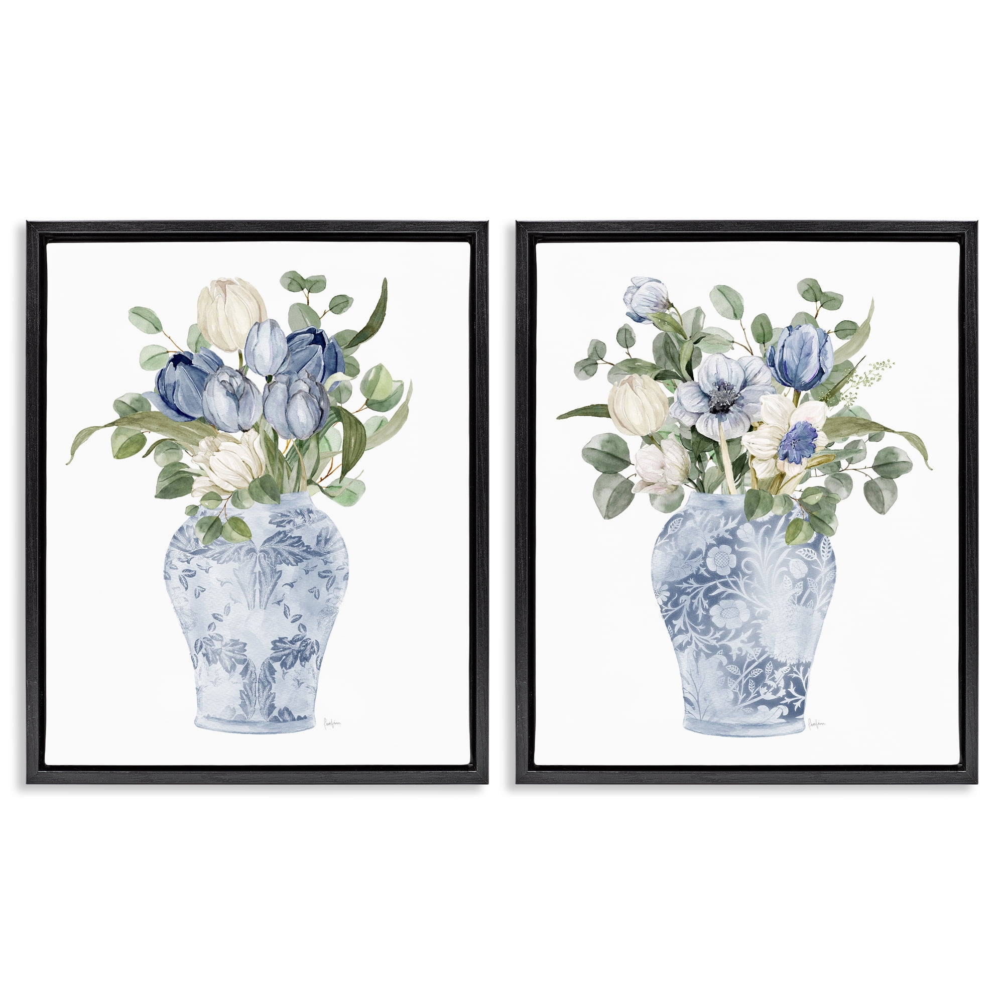 Stupell Industries Ornate Vase Tulip Collection 2 Piece Black Framed Floater Canvas Set, design by Livi Finn