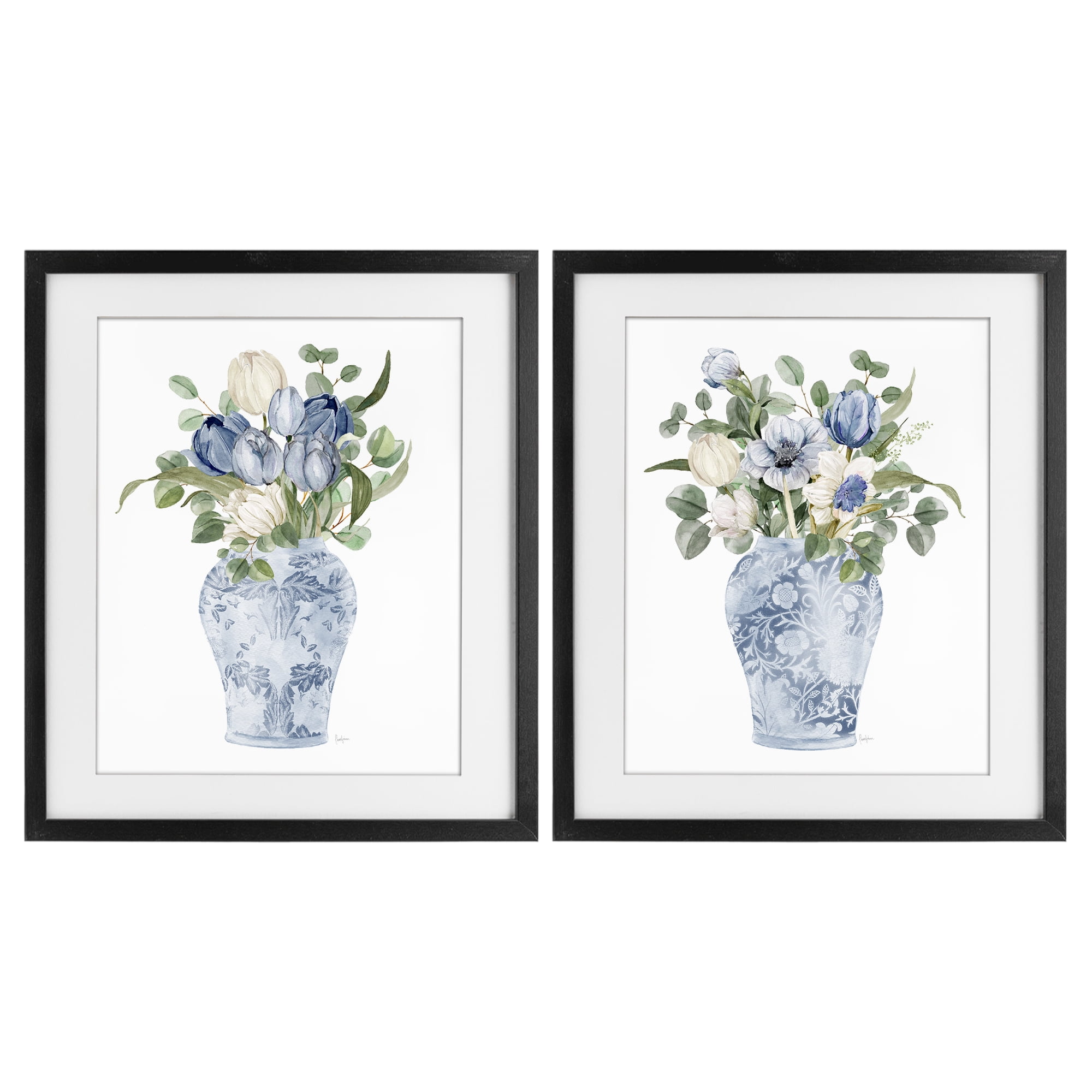 Stupell Industries Ornate Vase Tulip Collection 2 Piece Black Framed Print Under Glass Set, design by Livi Finn