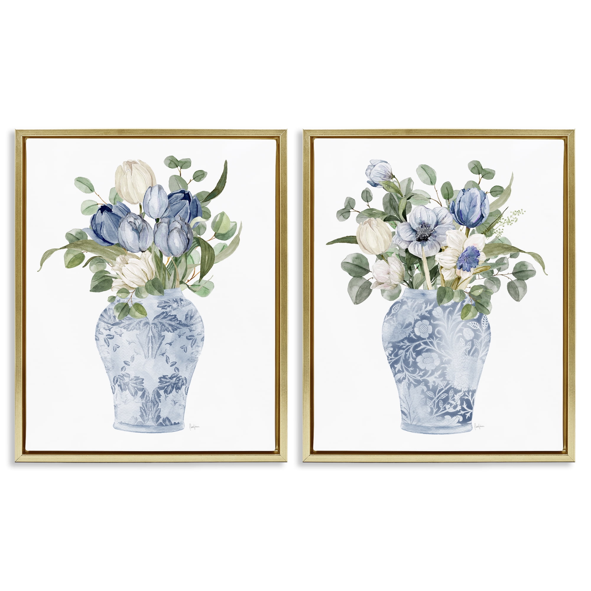 Stupell Industries Ornate Vase Tulip Collection 2 Piece Gold Framed Floater Canvas Set, design by Livi Finn