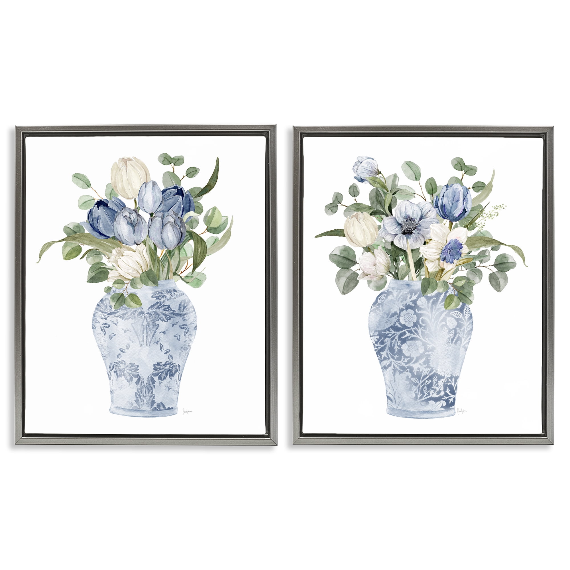 Stupell Industries Ornate Vase Tulip Collection 2 Piece Gray Framed Floater Canvas Set, design by Livi Finn