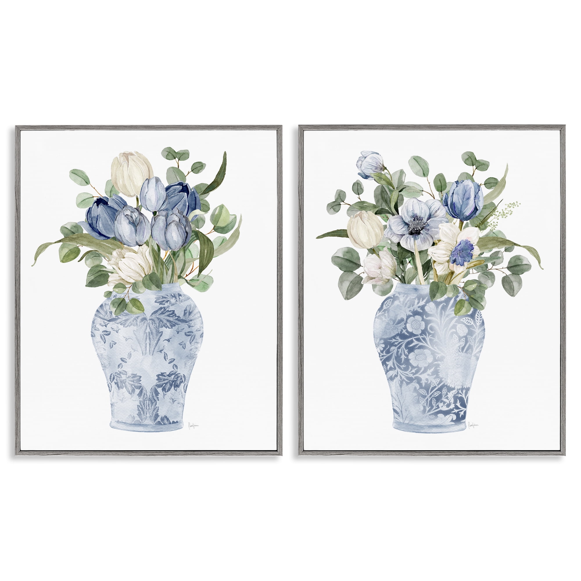 Stupell Industries Ornate Vase Tulip Collection 2 Piece Gray Framed Giclee Art Set, design by Livi Finn