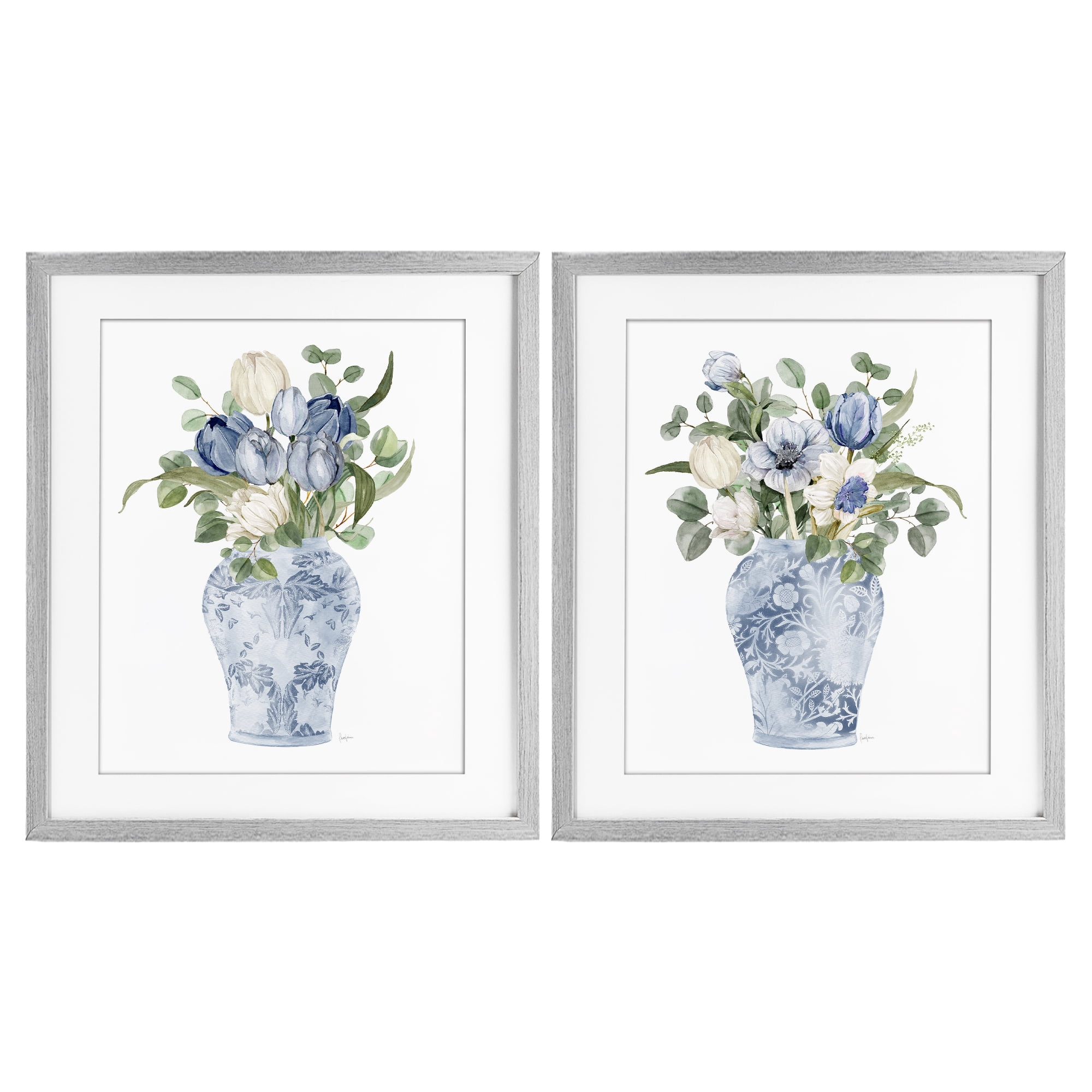 Stupell Industries Ornate Vase Tulip Collection 2 Piece Gray Framed Print Under Glass Set, design by Livi Finn