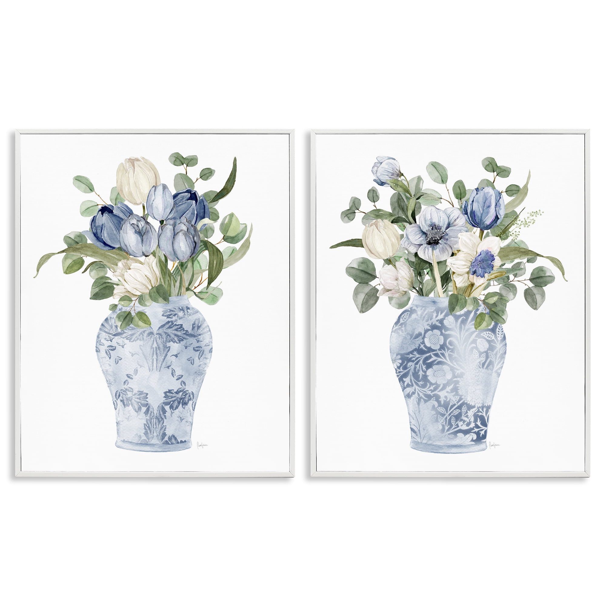 Stupell Industries Ornate Vase Tulip Collection 2 Piece White Framed Giclee Art Set, design by Livi Finn