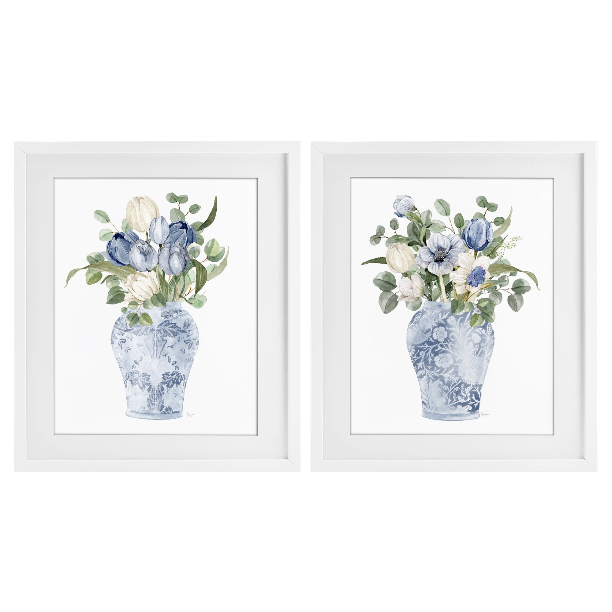 Stupell Industries Ornate Vase Tulip Collection 2 Piece White Framed Print Under Glass Set, design by Livi Finn
