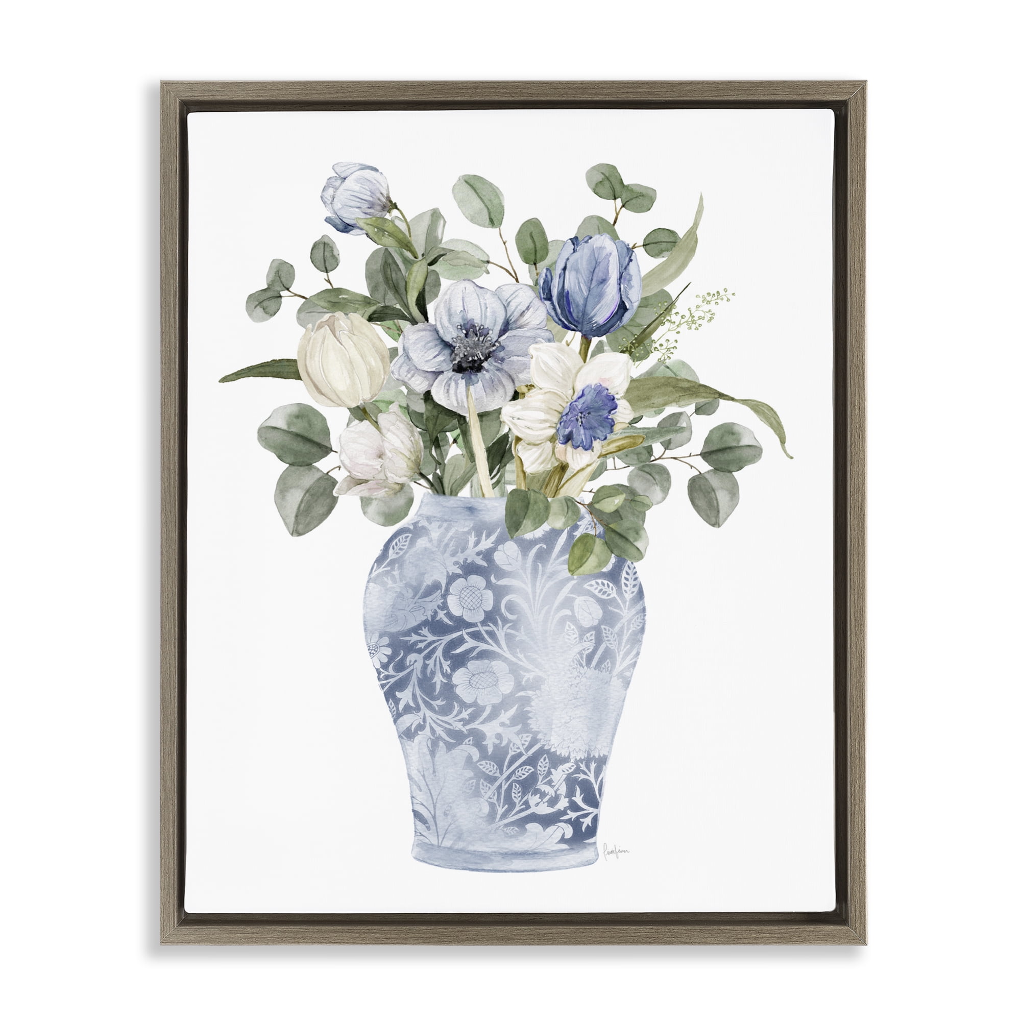 Stupell Industries Ornate Vase Tulips Brown Framed Floater Canvas Wall Art, design by Livi Finn