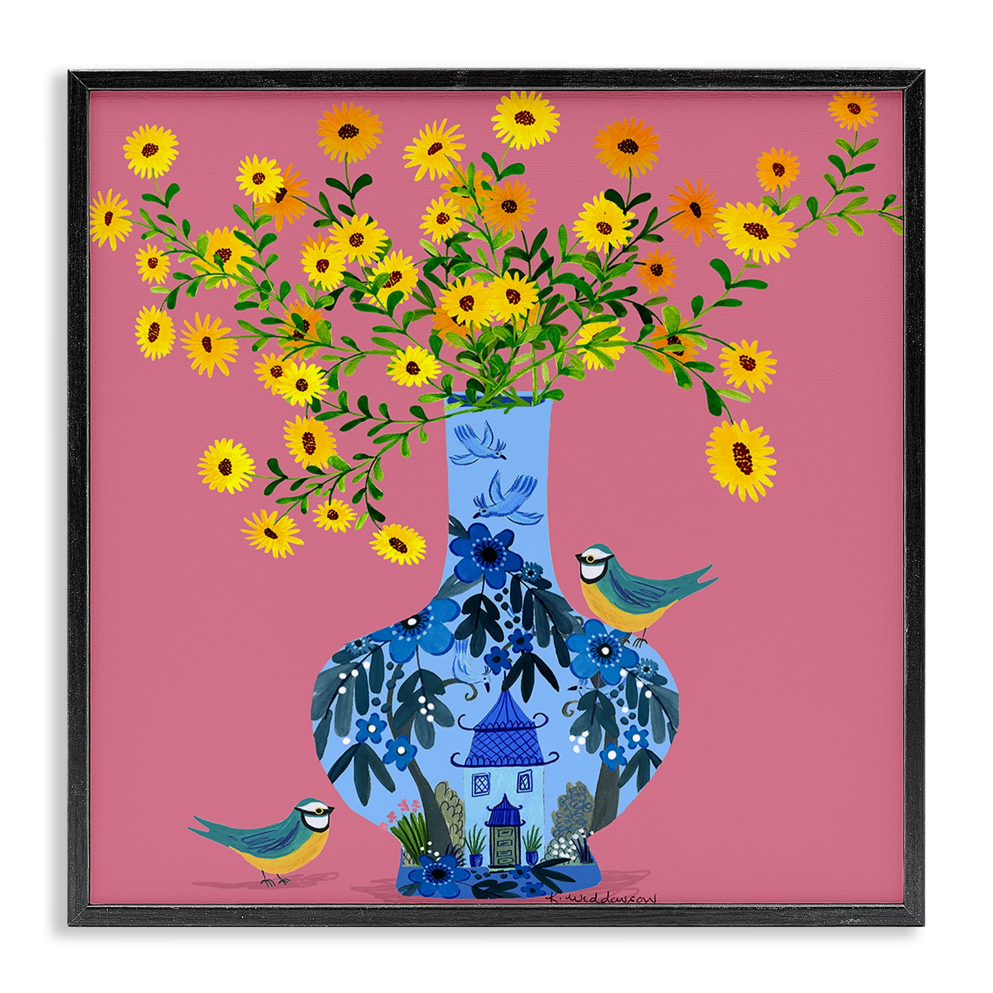 Stupell Industries Ornate Vase with Daisies Floral Painting Black Framed Art Print Wall Art, 17 x 17