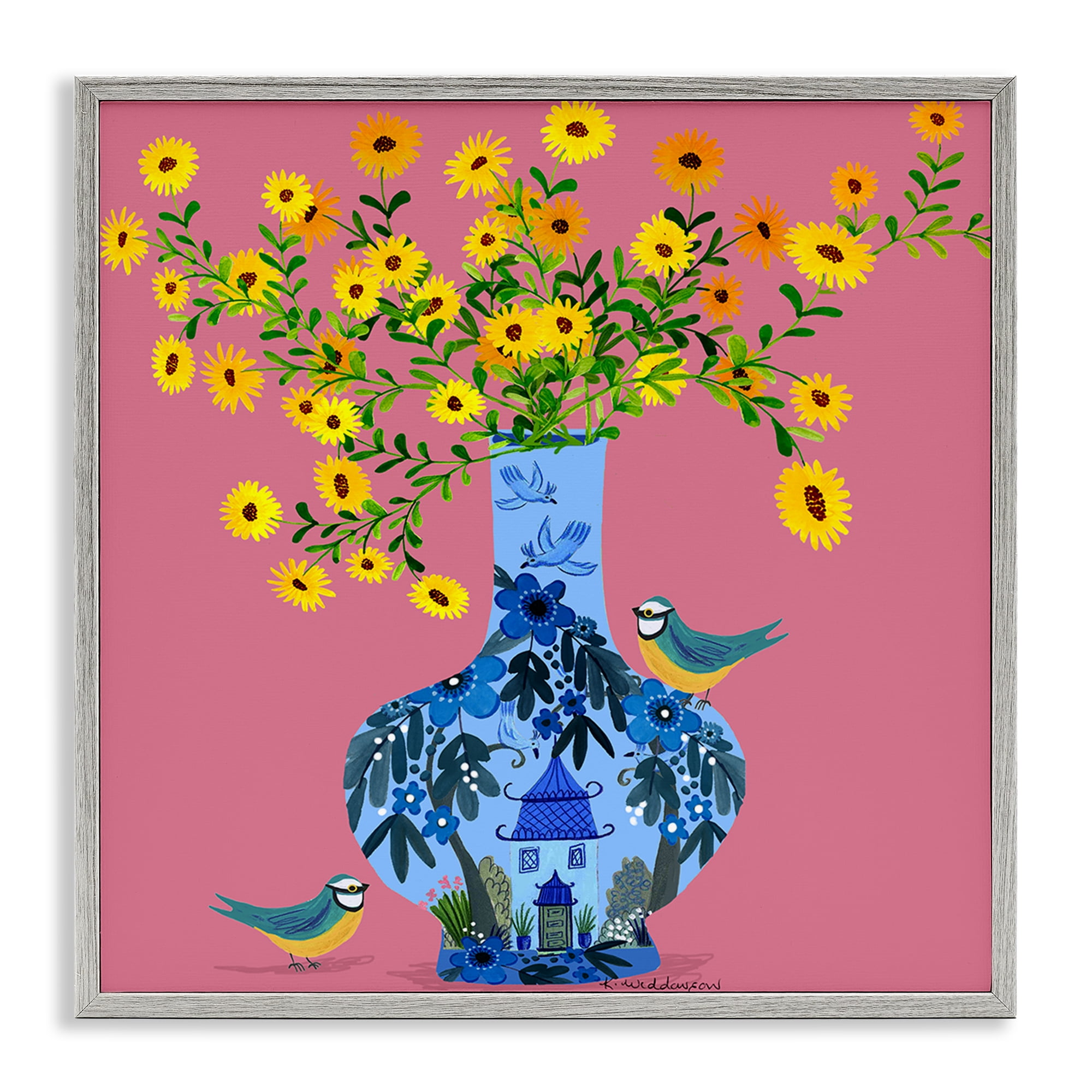 Stupell Industries Ornate Vase with Daisies Floral Painting Gray Framed Art Print Wall Art, 24 x 24