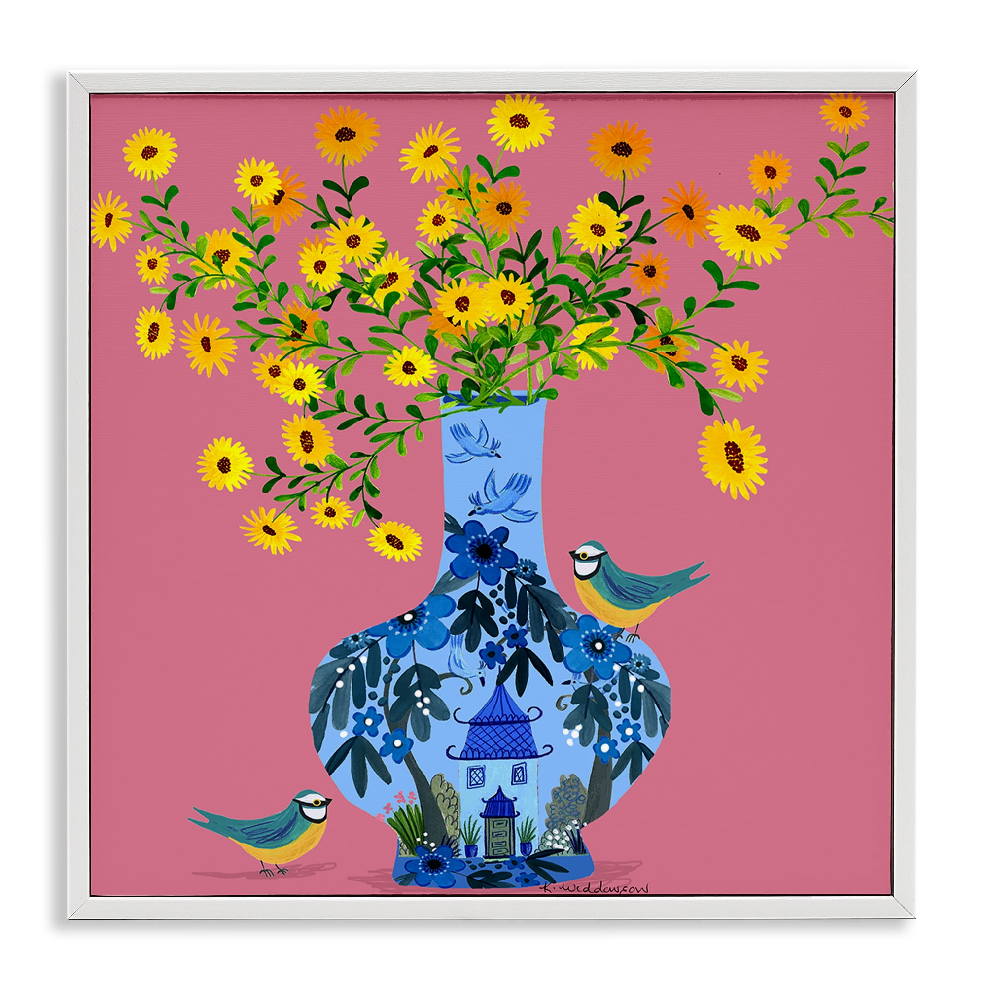 Stupell Industries Ornate Vase with Daisies Floral Painting White Framed Art Print Wall Art, 24 x 24