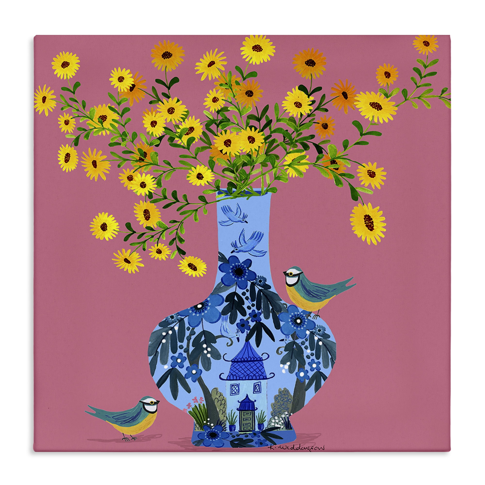 Stupell Industries Ornate Vase with Daisies Floral Painting Wrapped Canvas Canvas Art Print Wall Art, 30 x 30