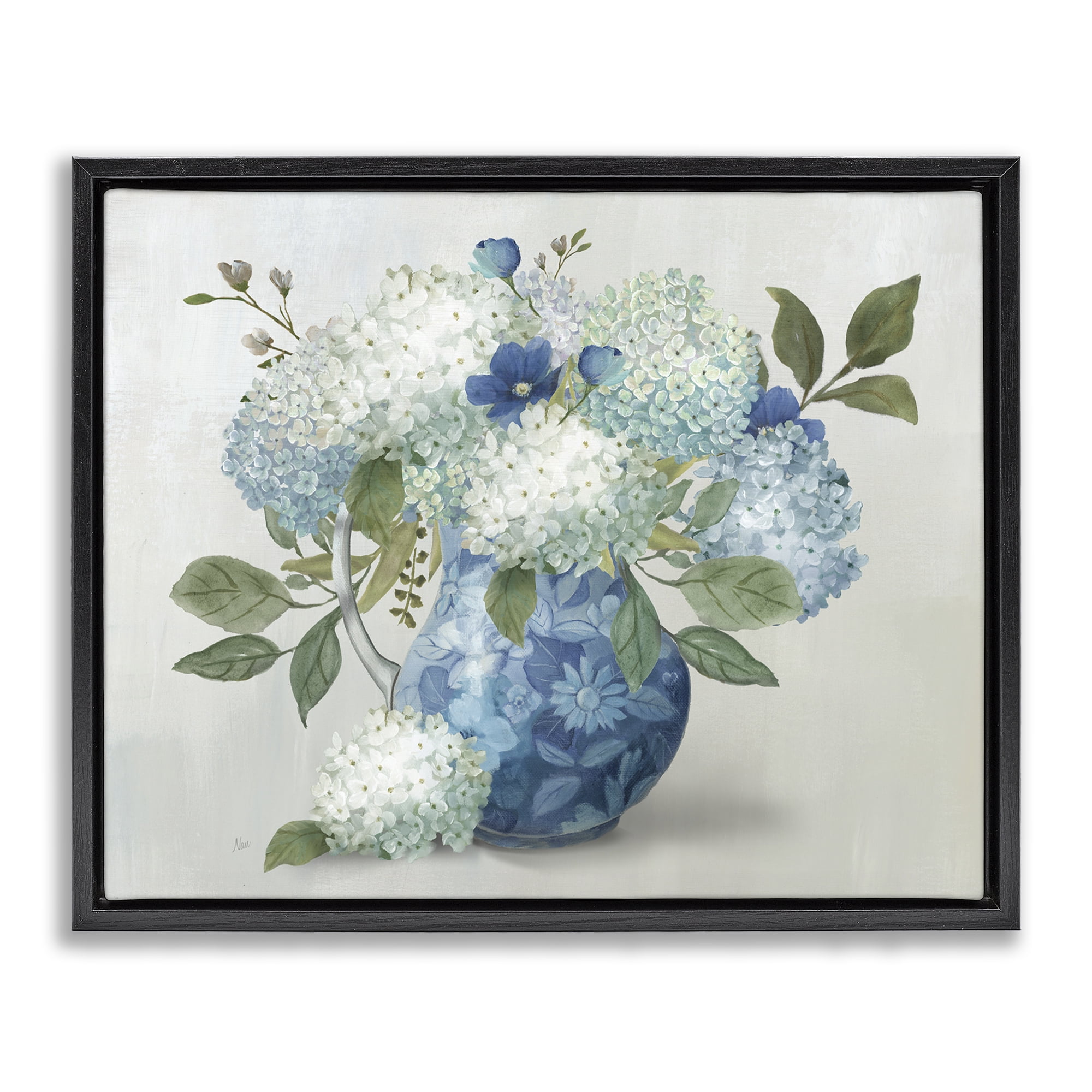 Stupell Industries Ornate Vase with Hydrangeas Black Framed Floater Canvas Wall Art, design by Nan