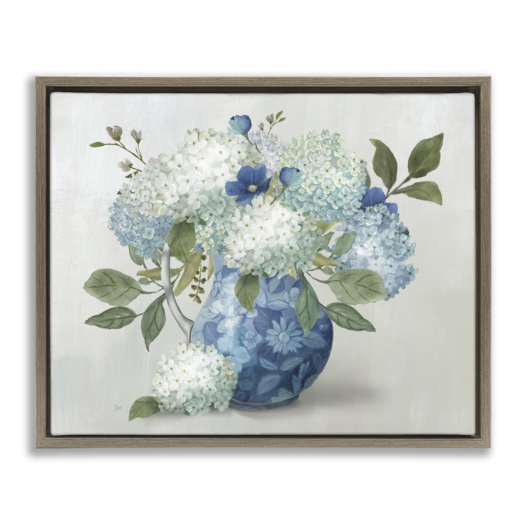Stupell Industries Ornate Vase with Hydrangeas Brown Framed Floater Canvas Wall Art, design by Nan