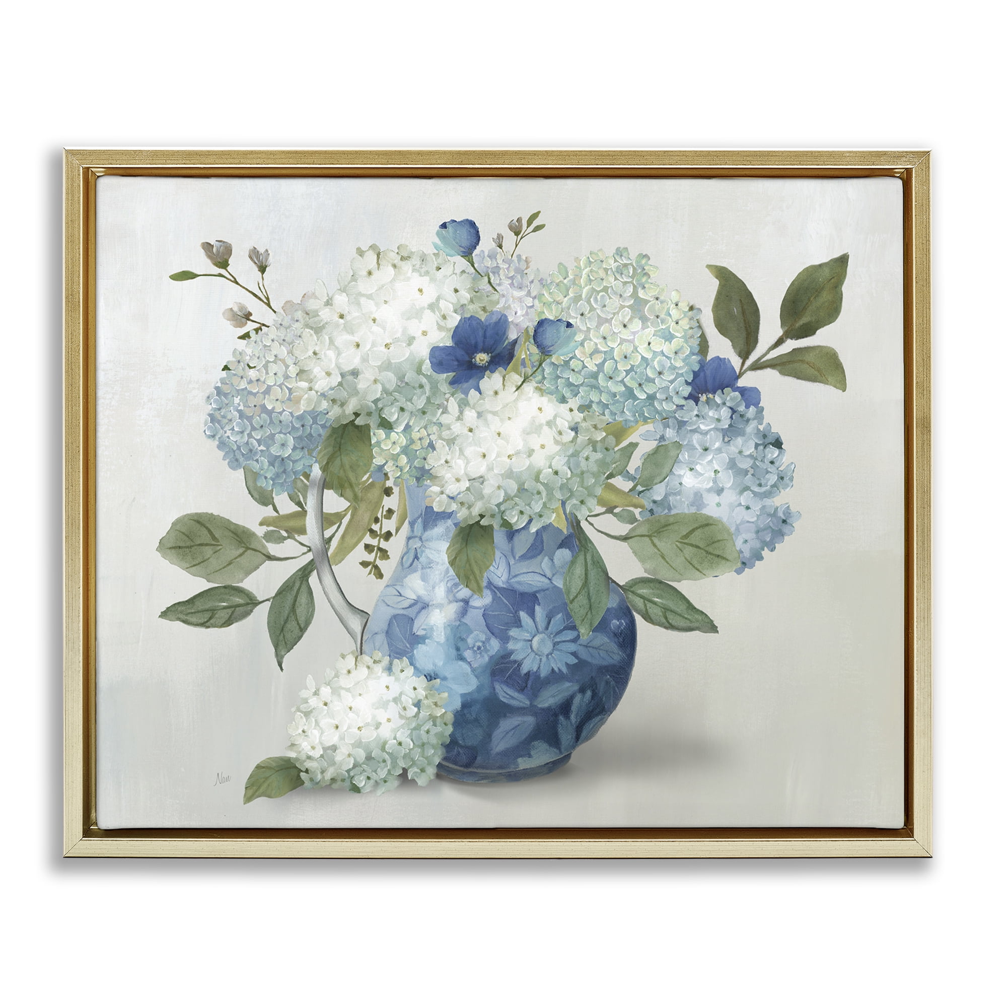 Stupell Industries Ornate Vase with Hydrangeas Gold Framed Floater Canvas Wall Art, design by Nan