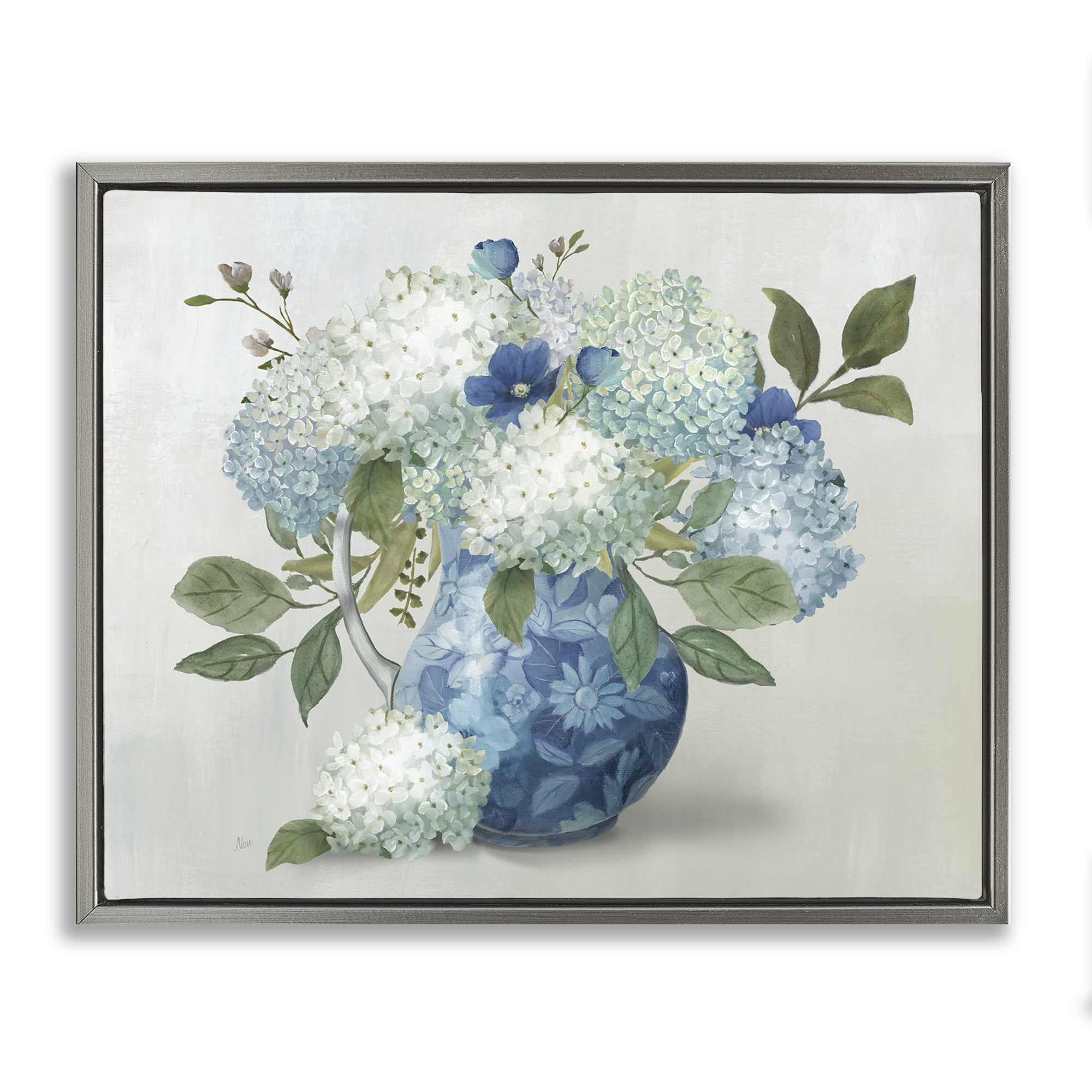 Stupell Industries Ornate Vase with Hydrangeas Gray Framed Floater Canvas Wall Art, design by Nan