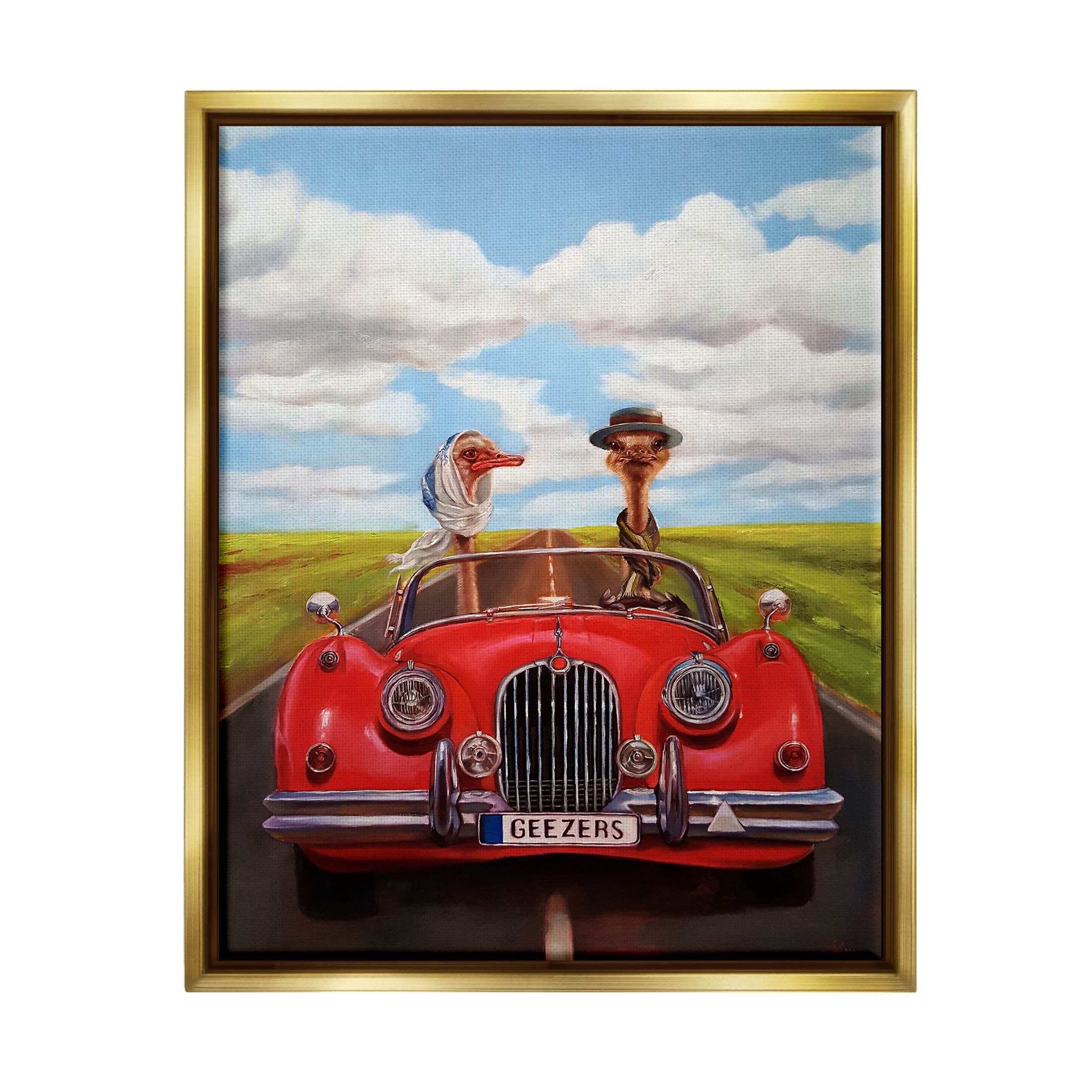 Stupell Industries Ostrich Couple Geezers Convertible Painting Metallic Gold Floating Framed Canvas Print Wall Art, Design by Lucia Heffernan