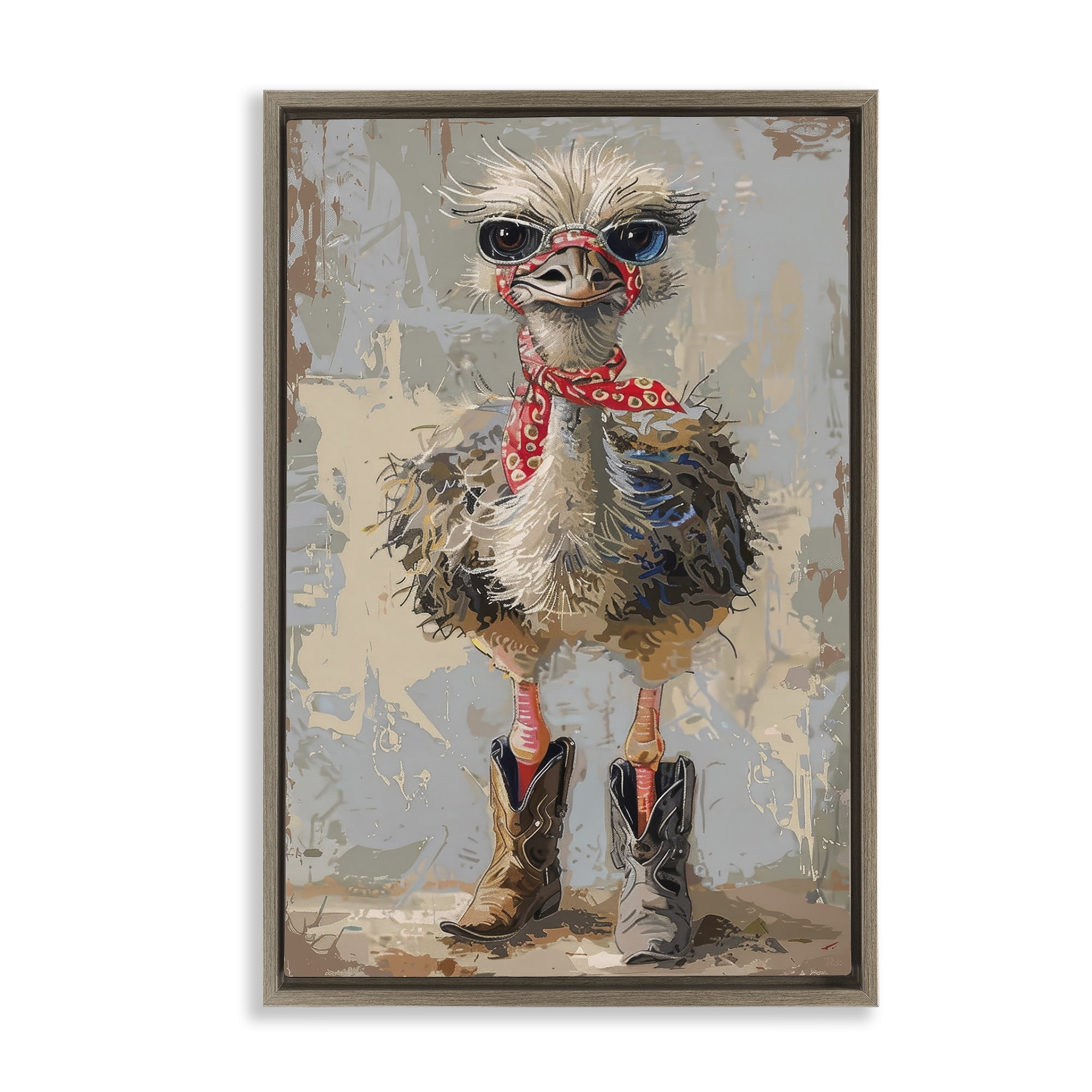 Stupell Industries Ostrich & Cowboy Boots Novelty Painting Brown Floater Framed Canvas Art Print Wall Art, 17 x 25