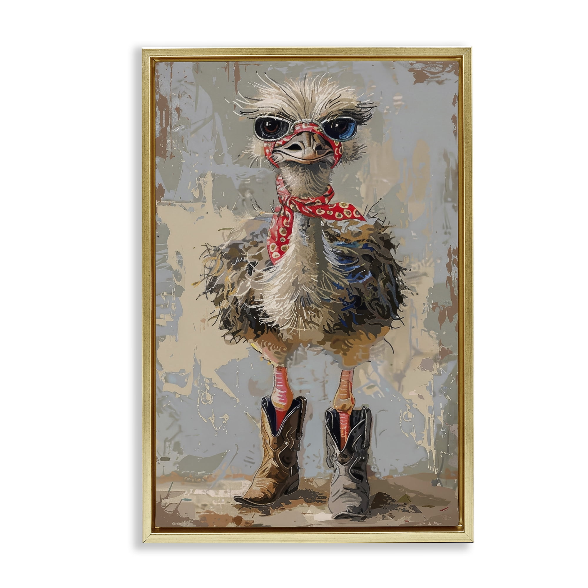 Stupell Industries Ostrich & Cowboy Boots Novelty Painting Gold Floater Framed Canvas Art Print Wall Art, 17 x 25