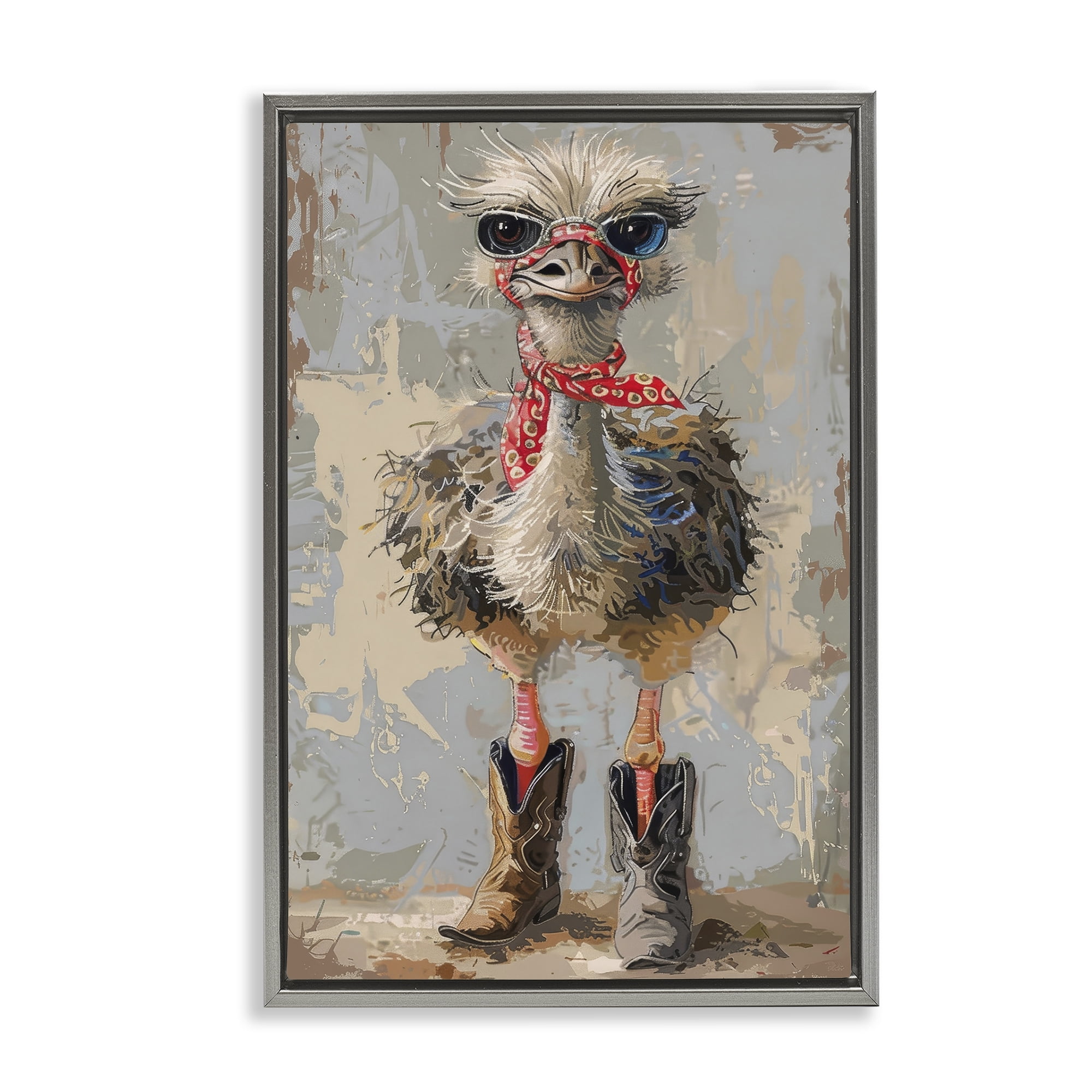 Stupell Industries Ostrich & Cowboy Boots Novelty Painting Gray Floater Framed Canvas Art Print Wall Art, 17 x 25
