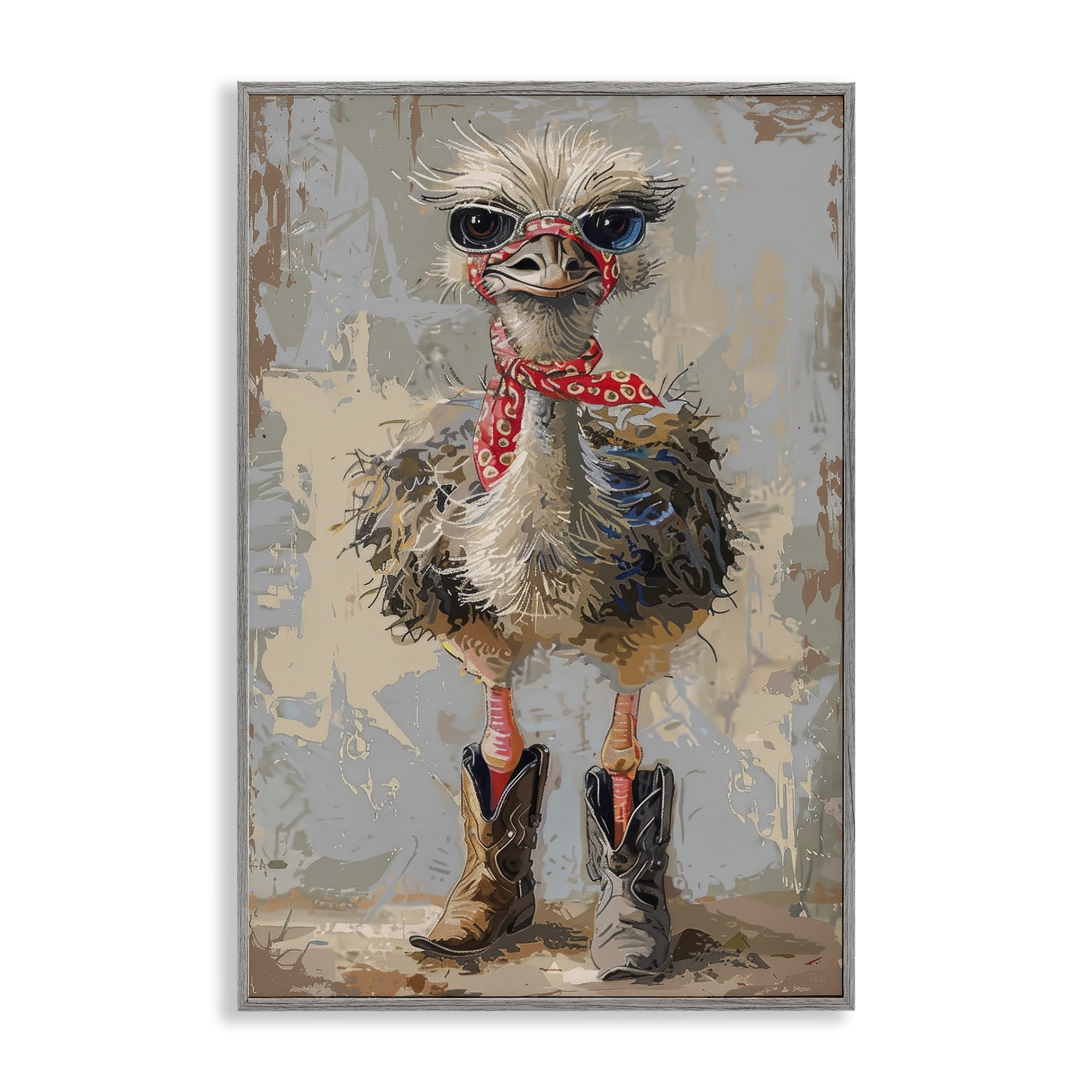 Stupell Industries Ostrich & Cowboy Boots Novelty Painting Gray Framed Art Print Wall Art, 20 x 30