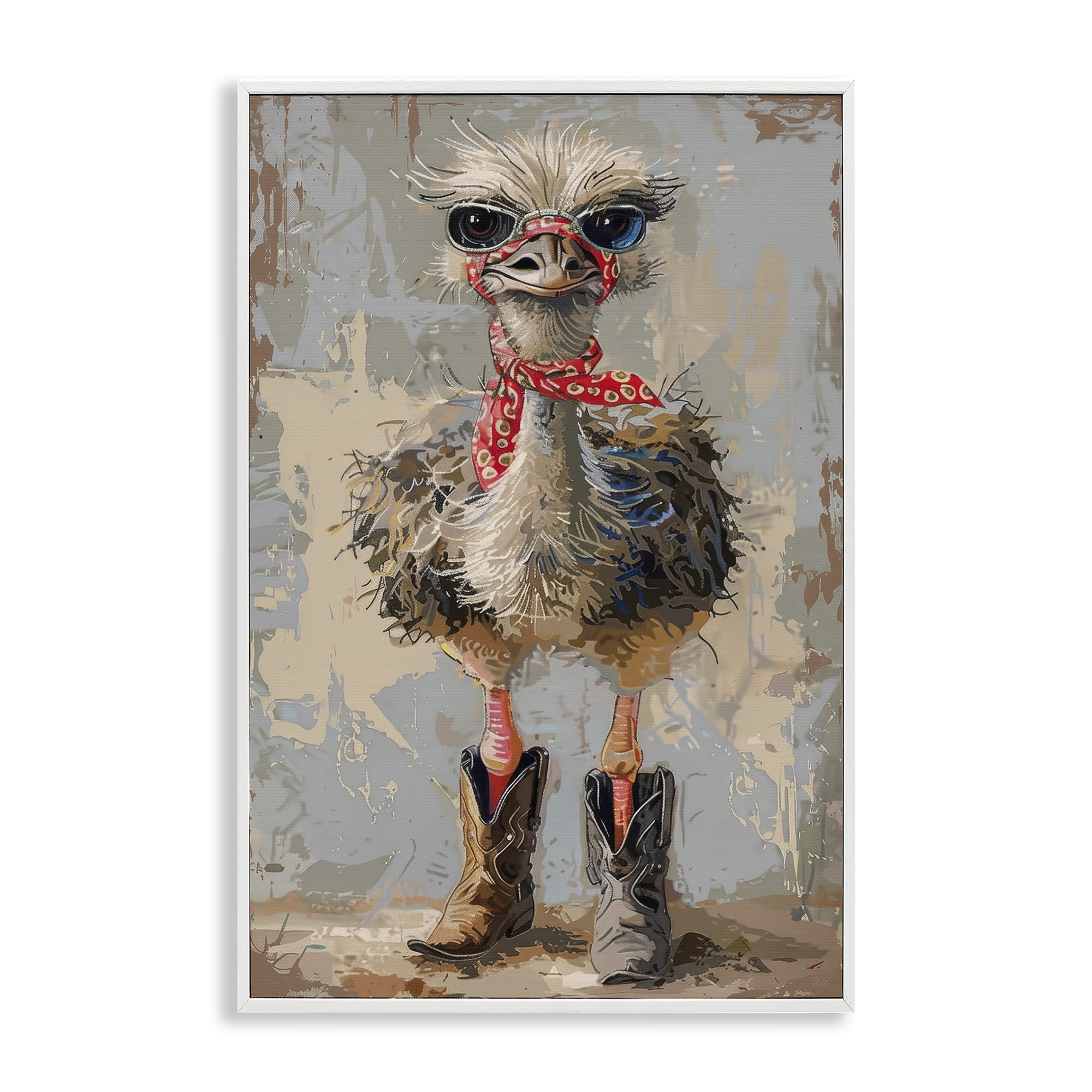 Stupell Industries Ostrich & Cowboy Boots Novelty Painting White Framed Art Print Wall Art, 12 x 18