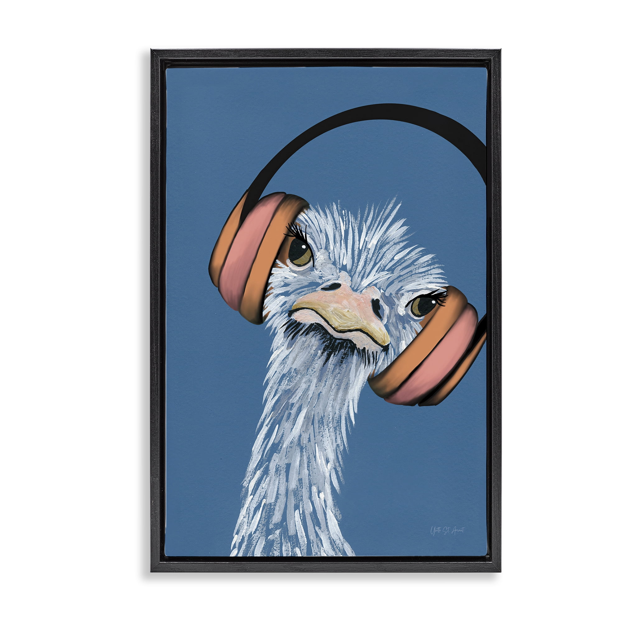 Stupell Industries Ostrich with Headphones Animals & Insects Painting Black Floater Framed Art Print Wall Art, 21 x 31