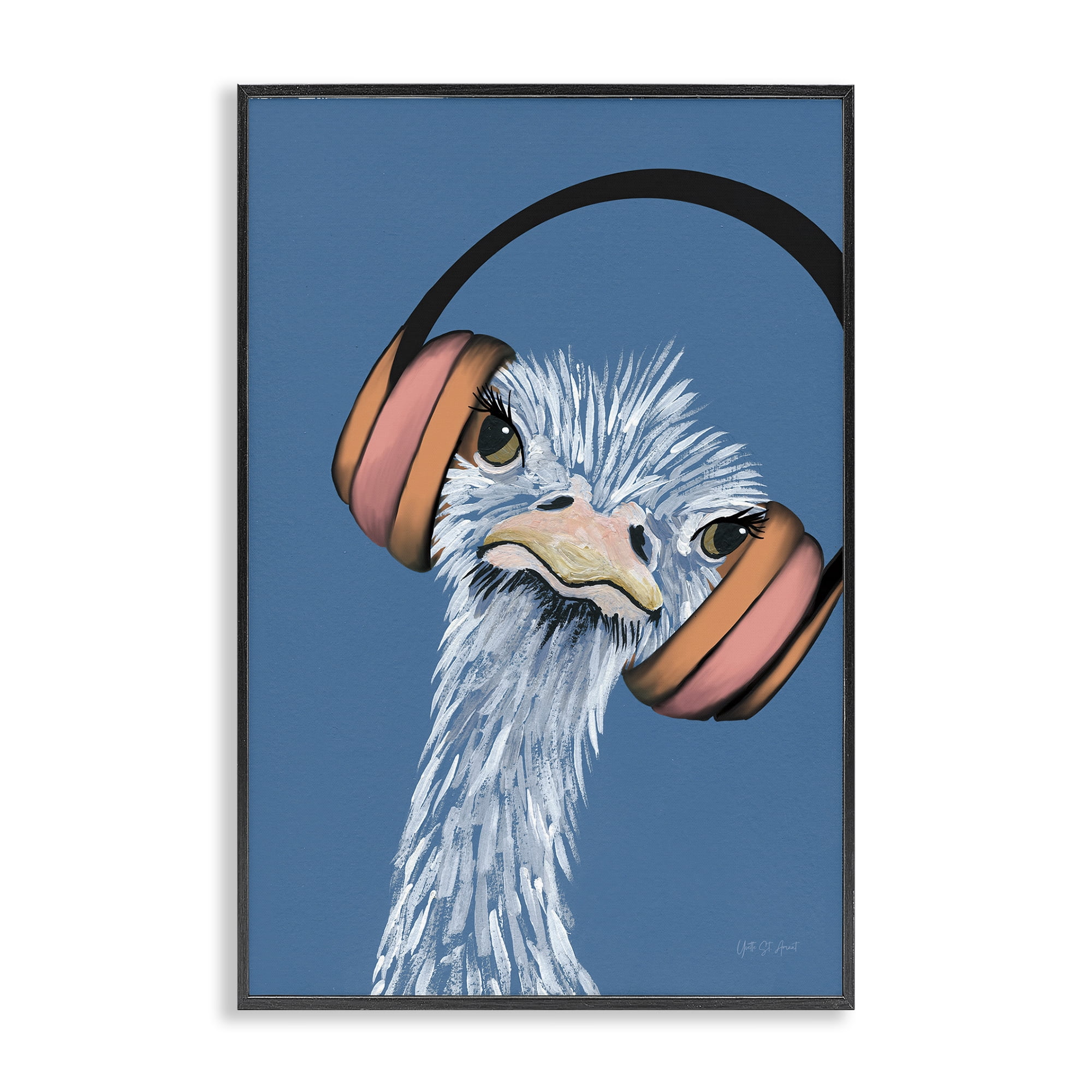 Stupell Industries Ostrich with Headphones Animals & Insects Painting Black Framed Art Print Wall Art, 16 x 24