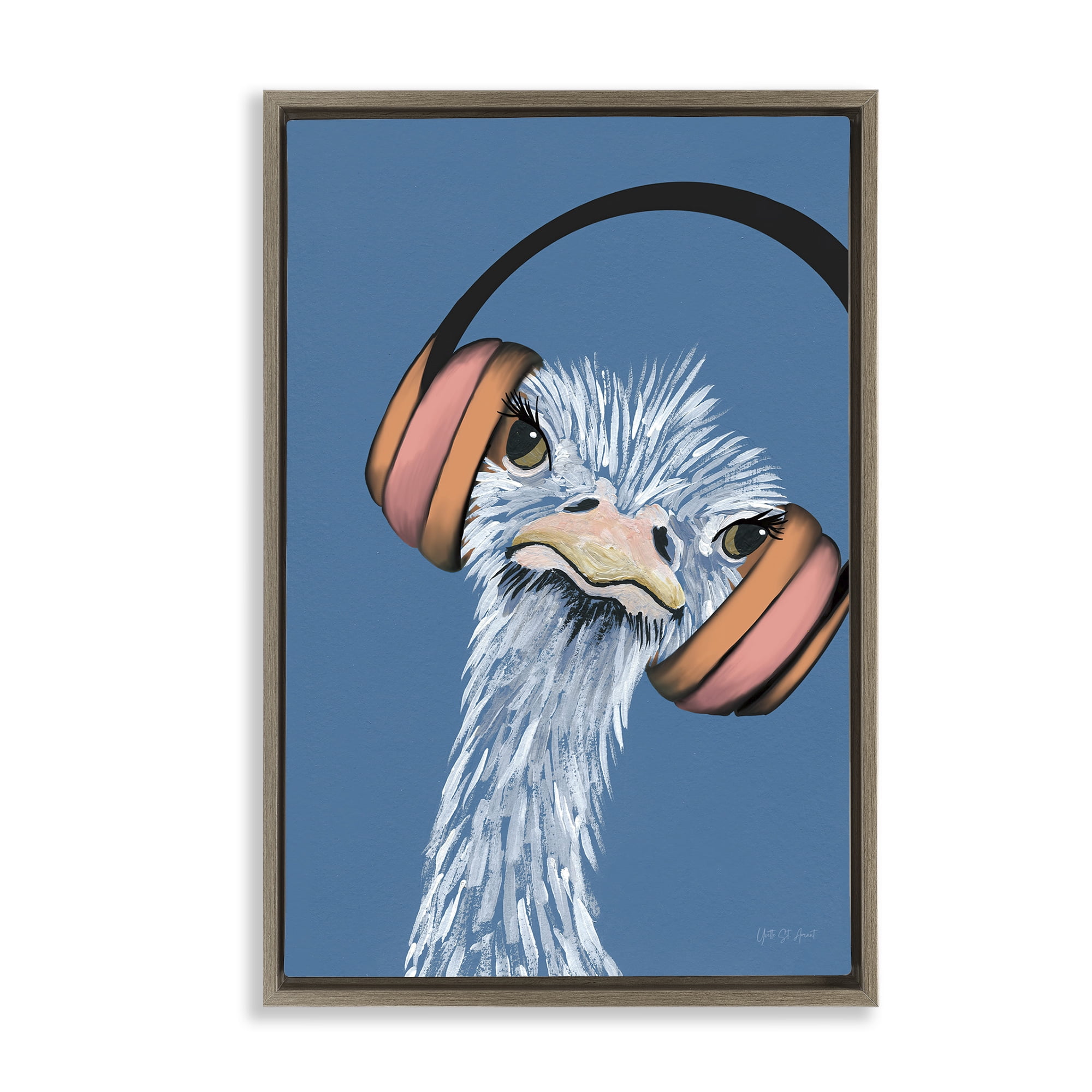 Stupell Industries Ostrich with Headphones Animals & Insects Painting Brown Floater Framed Art Print Wall Art, 17 x 25