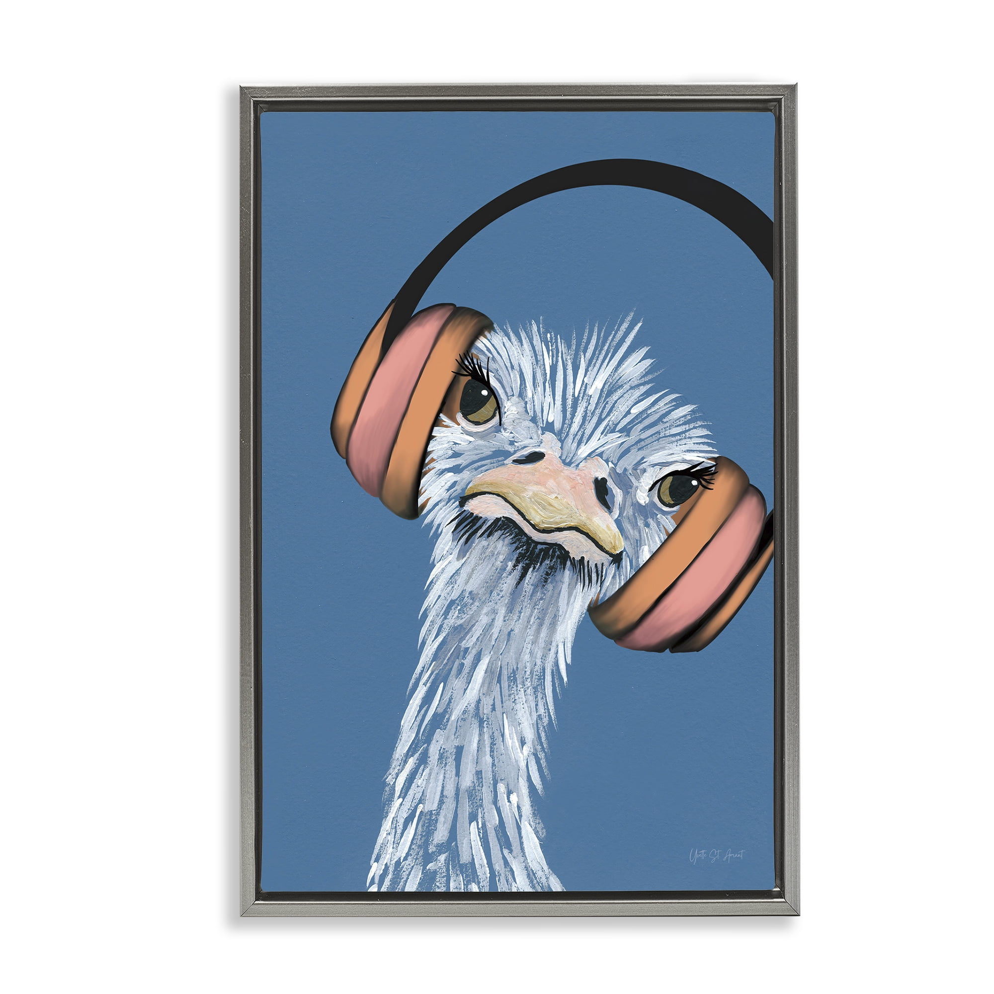 Stupell Industries Ostrich with Headphones Animals & Insects Painting Gray Floater Framed Art Print Wall Art, 21 x 31