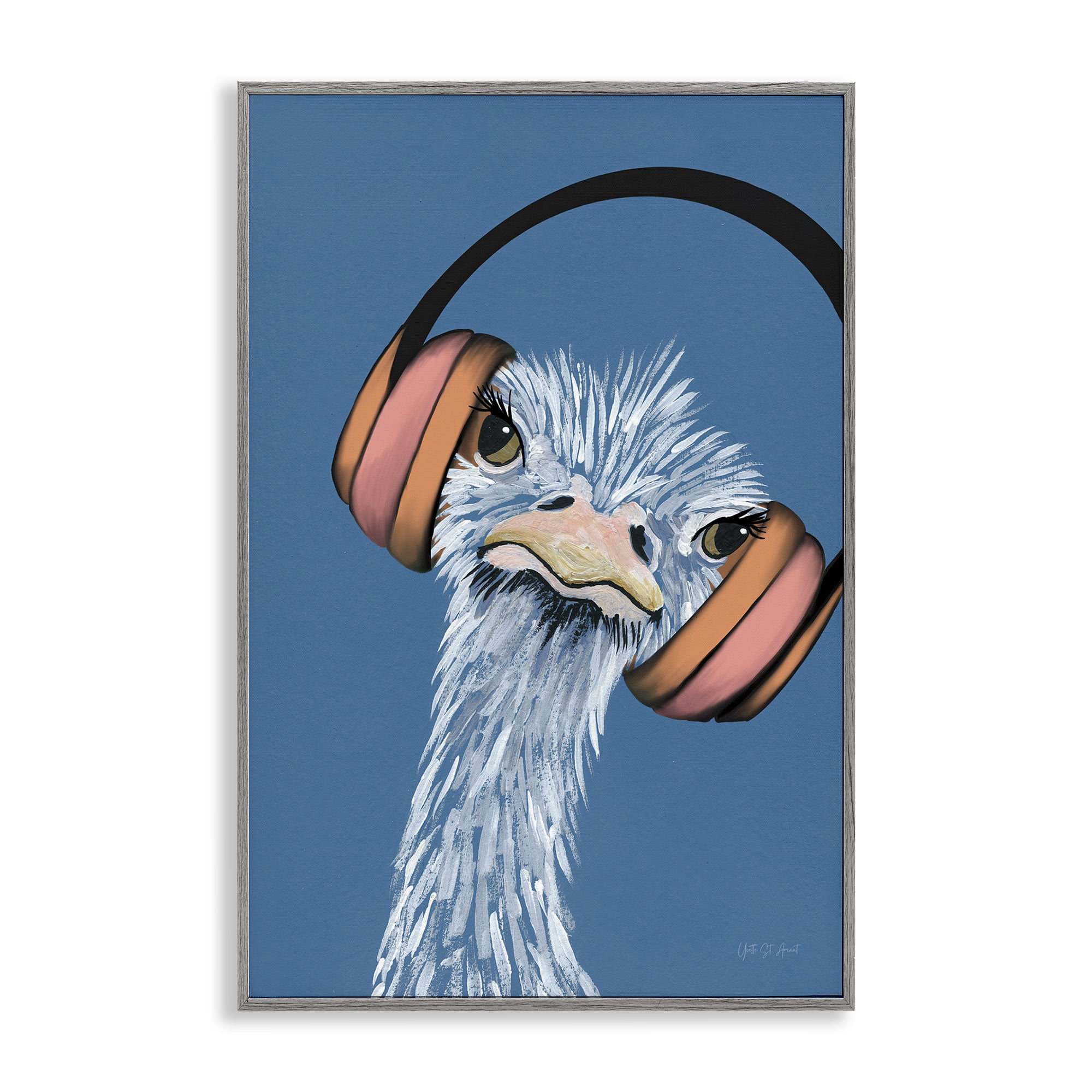 Stupell Industries Ostrich with Headphones Animals & Insects Painting Gray Framed Art Print Wall Art, 20 x 30