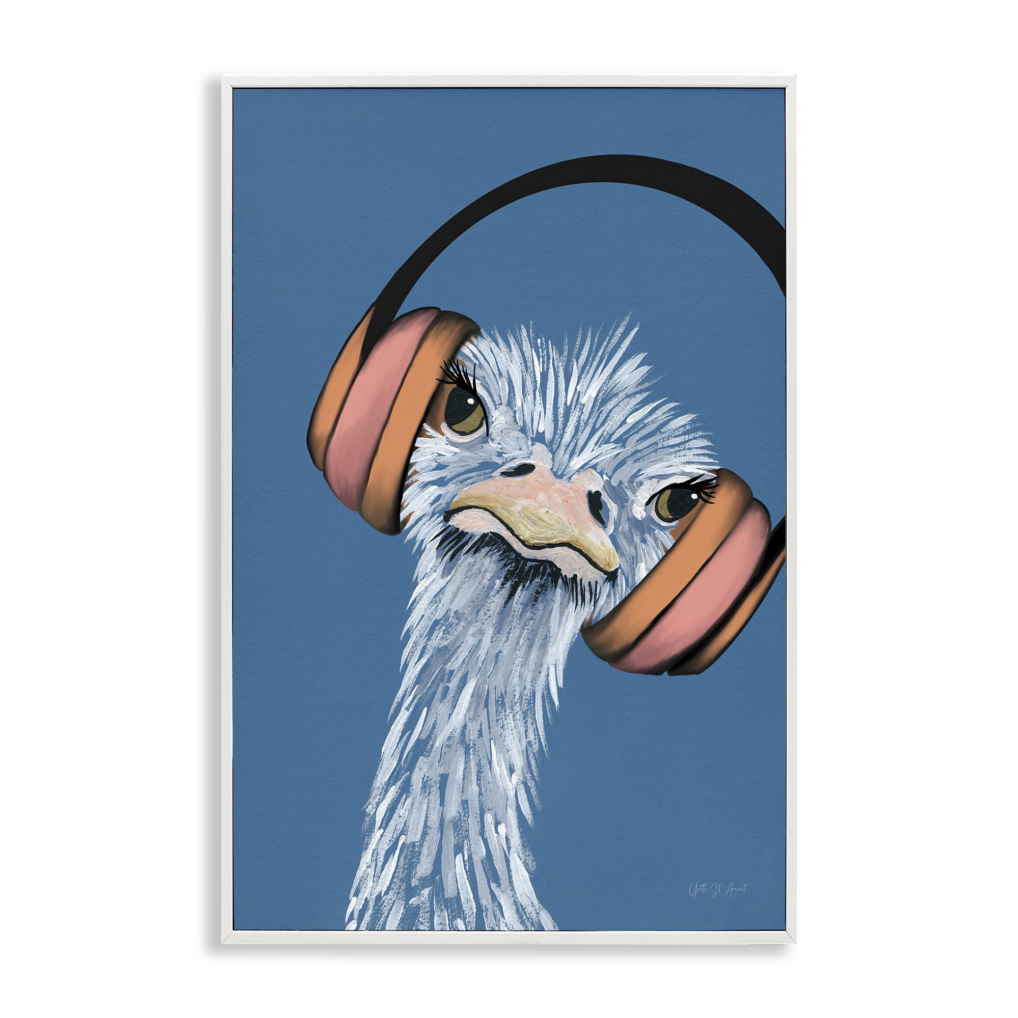 Stupell Industries Ostrich with Headphones Animals & Insects Painting White Framed Art Print Wall Art, 16 x 24