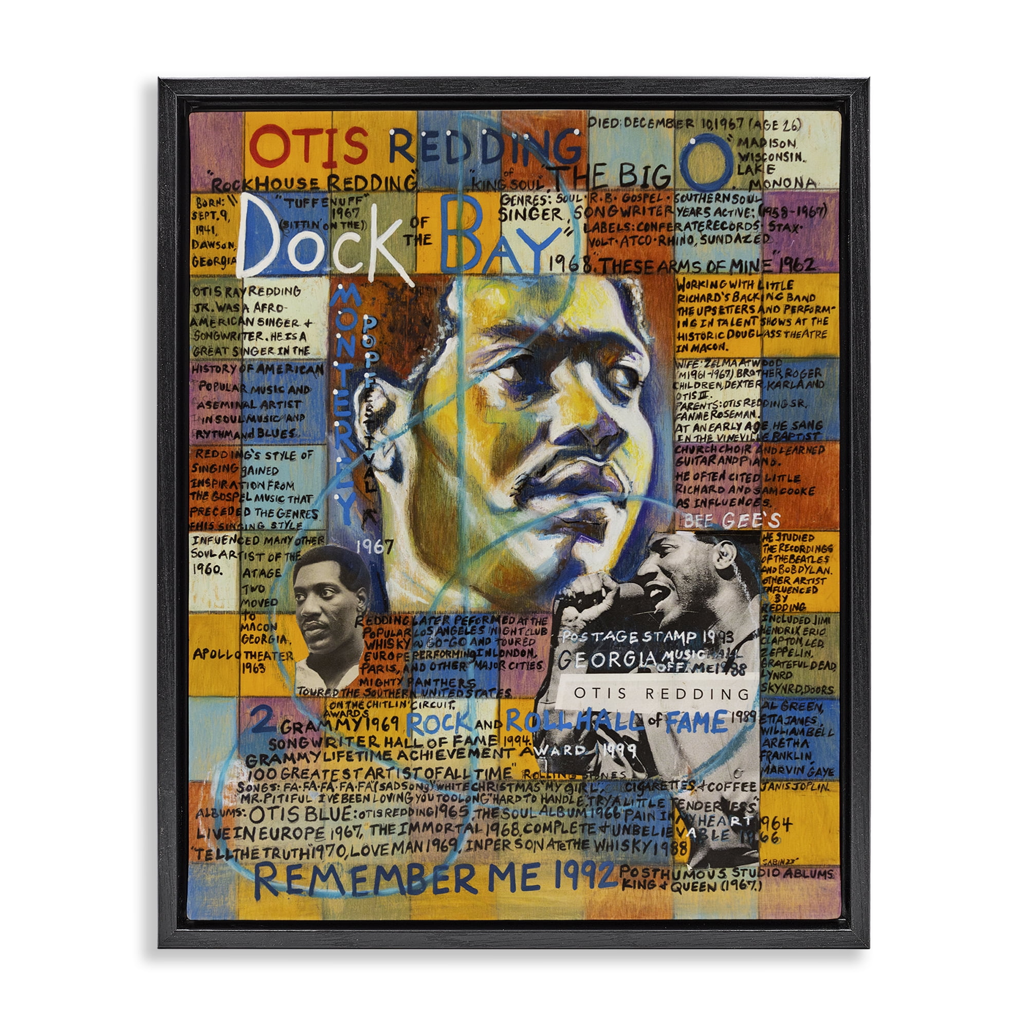Stupell Industries Otis Redding Collage People Drawing Black Floater Framed Canvas Art Print Wall Art, 17 x 21