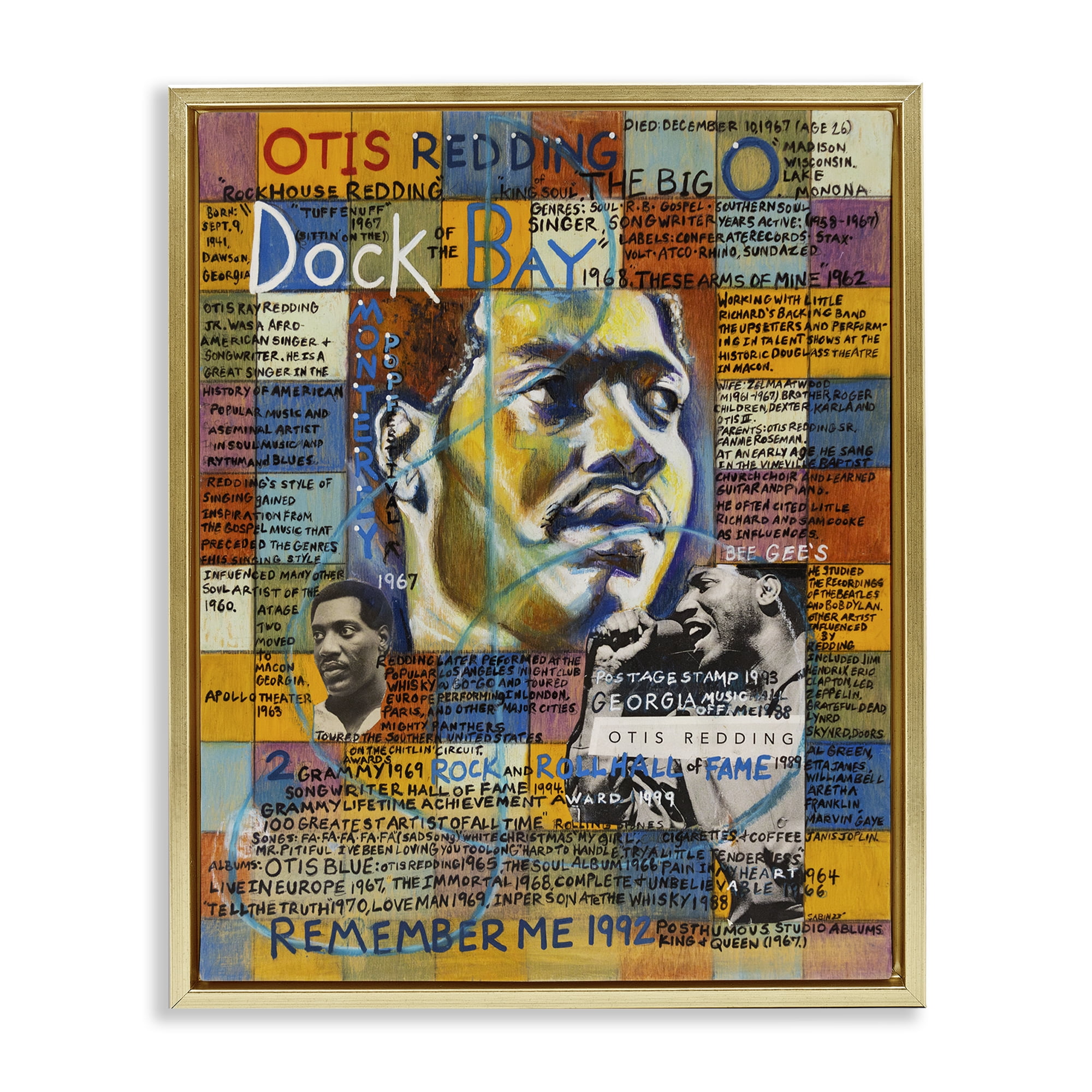 Stupell Industries Otis Redding Collage People Drawing Gold Floater Framed Canvas Art Print Wall Art, 17 x 21